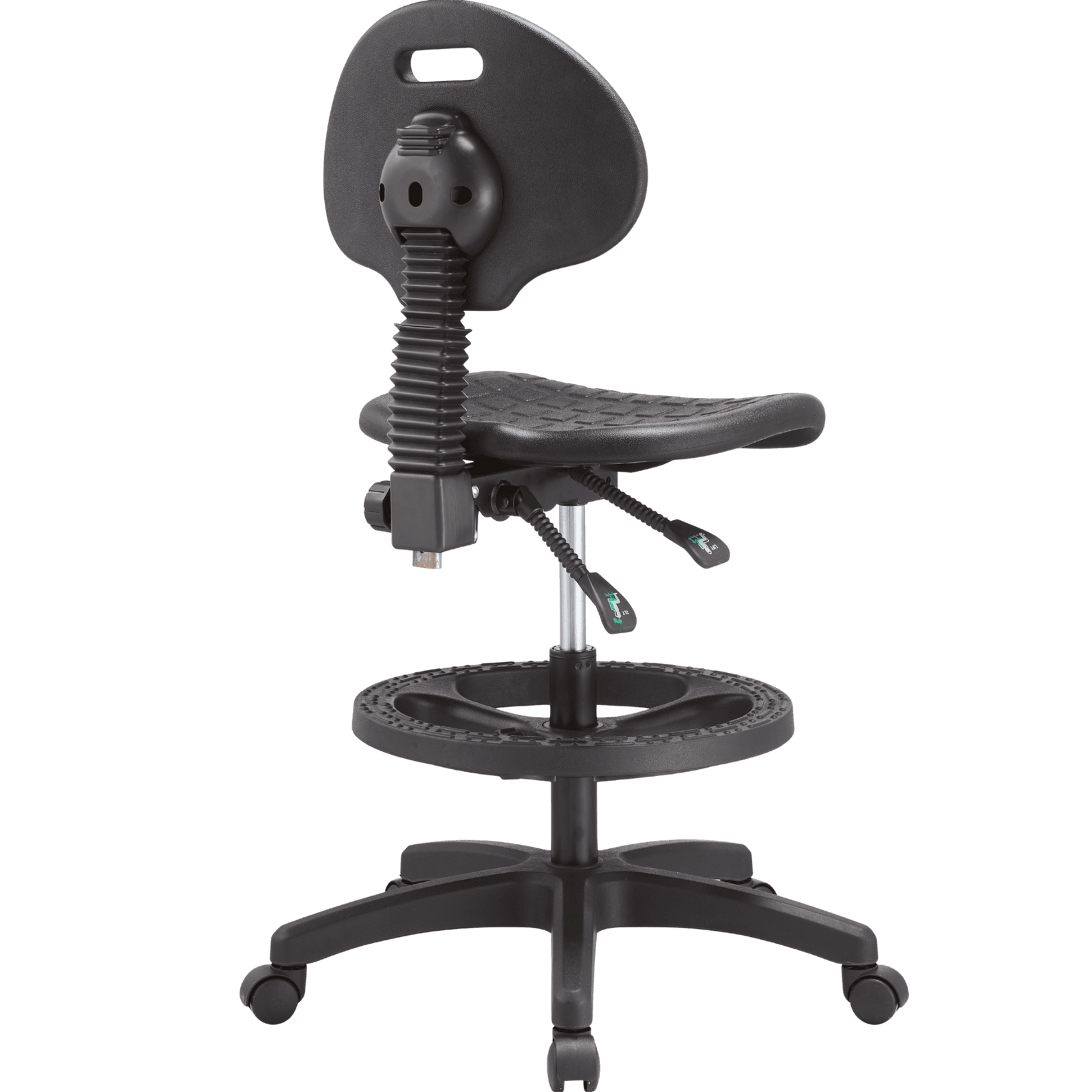Silla Industrial S-Trial Cajera N, aro negro y rodajas, vista posterior