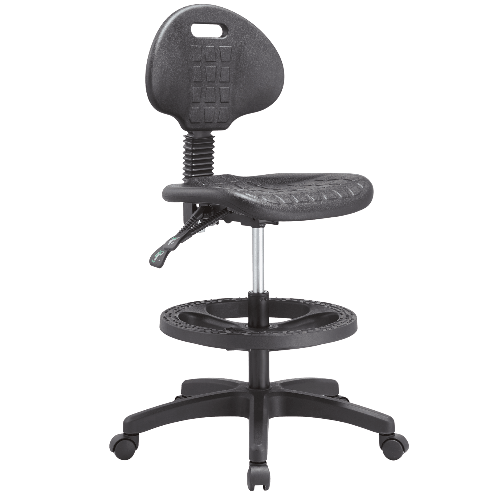 Silla Industrial S-Trial Cajera N, aro negro y rodajas, vista de tres cuartos