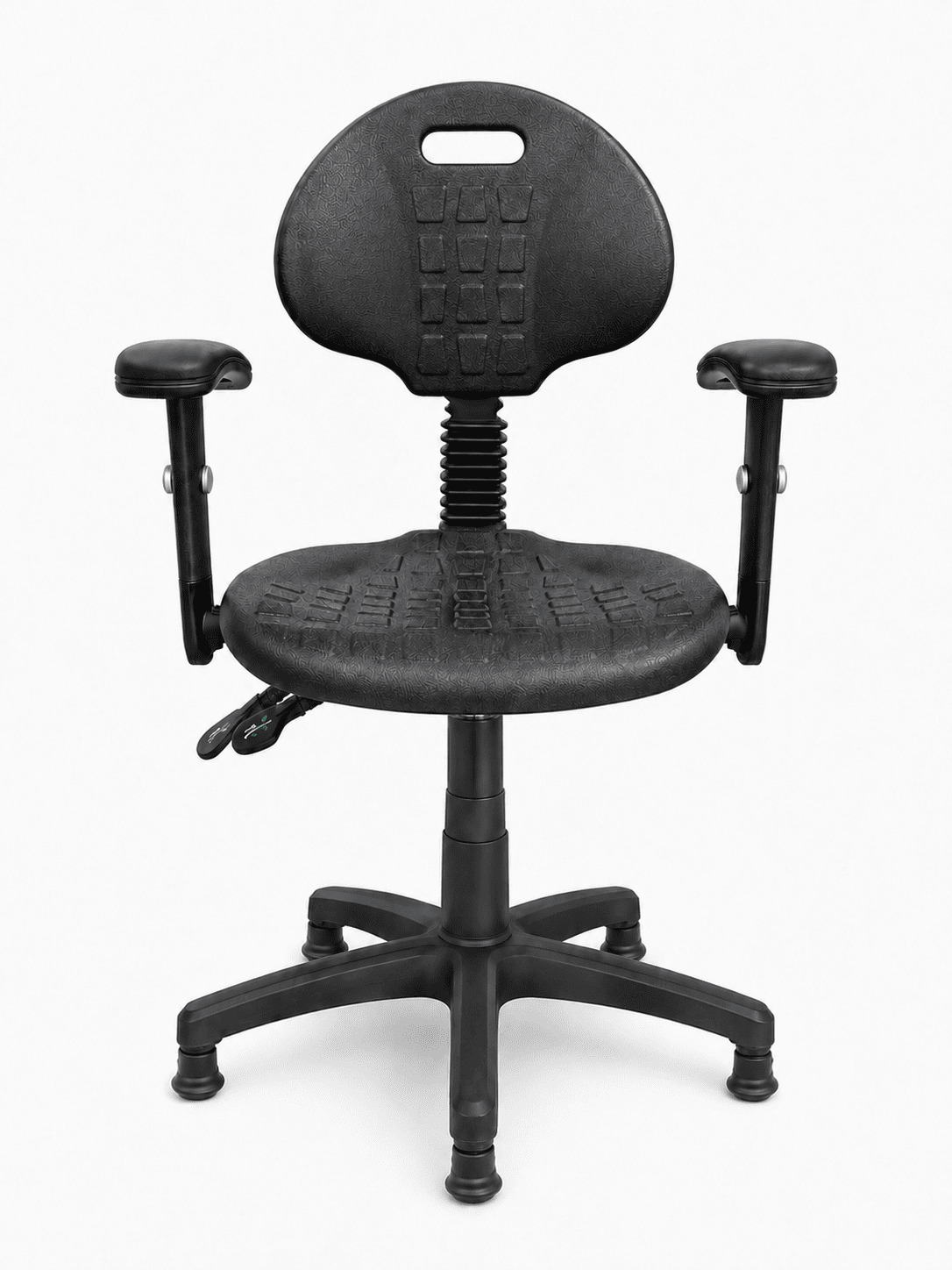 Silla Industrial S-Trial Baja con Brazos, imagen de referencia con regatones, vista frontal