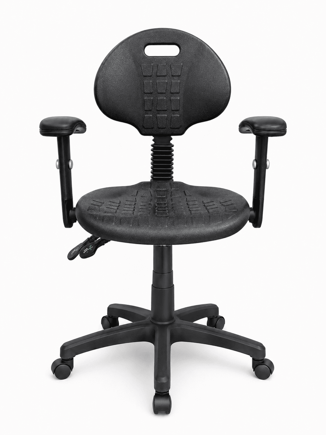 Silla Industrial S-Trial Baja con Brazos, imagen de referencia con rodajas, vista frontal