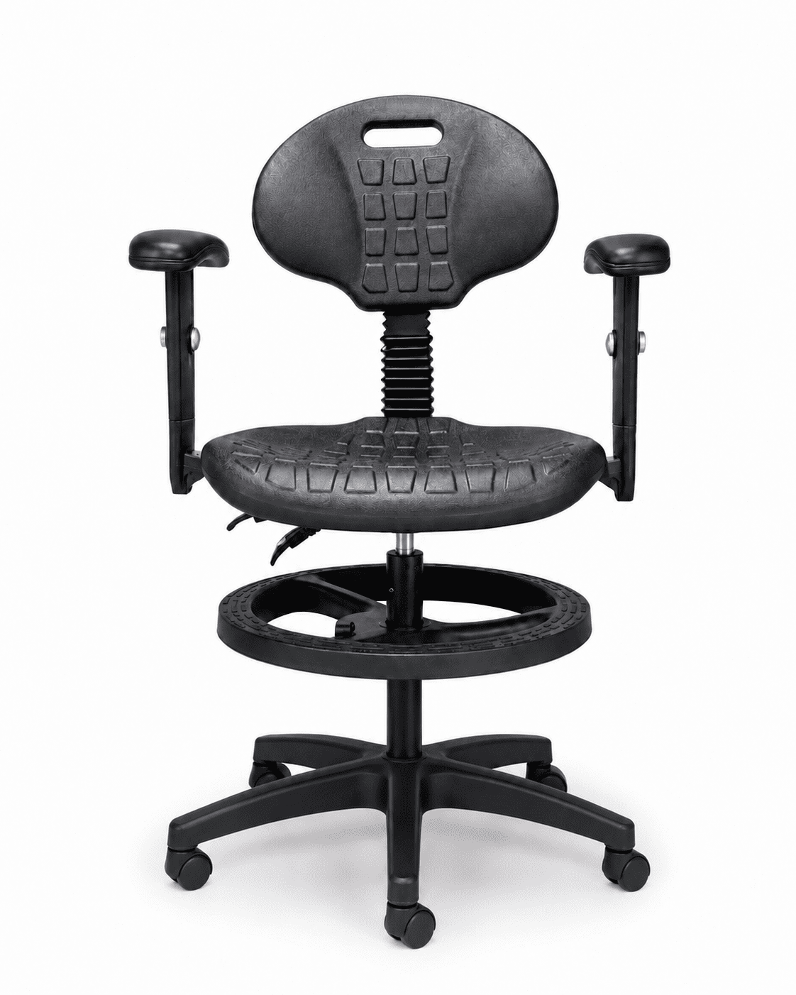Silla Industrial S-Trial Cajera N con Brazos, imagen de referencia con aro negro y rodajas