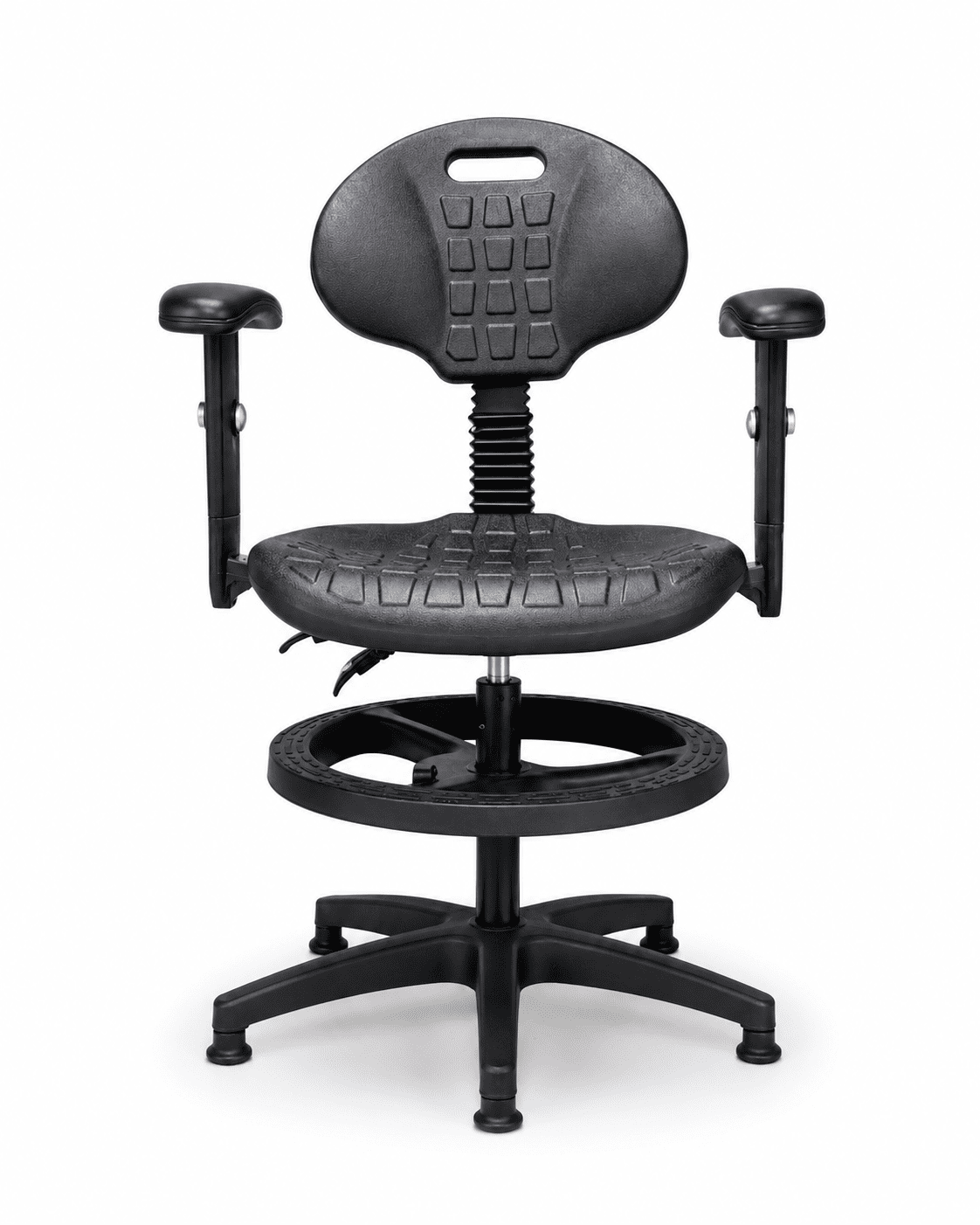Silla Industrial S-Trial Cajera N con Brazos, imagen de referencia con aro negro y regatones
