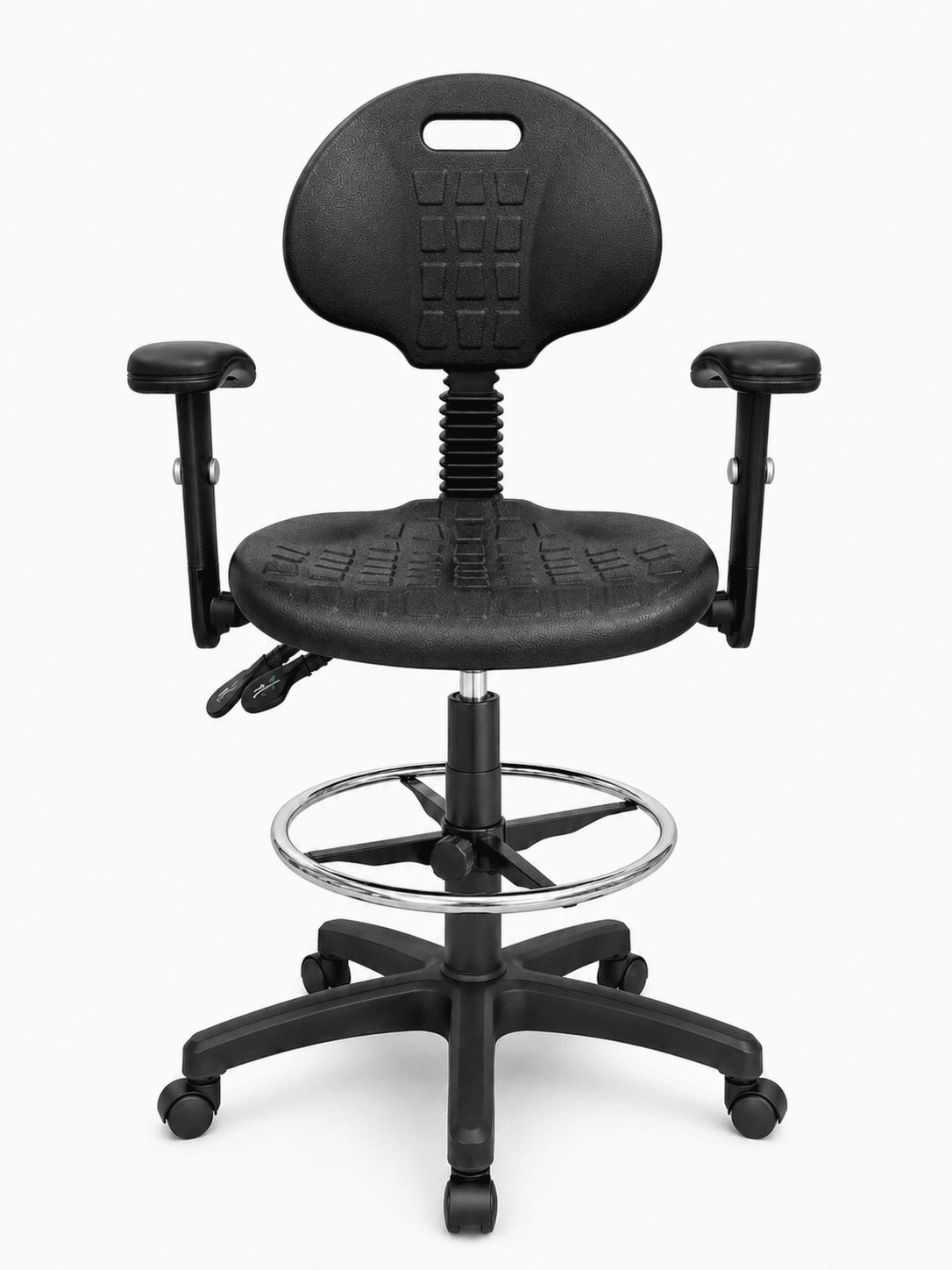 Silla Industrial S-Trial Cajera C con Brazos, imagen de referencia con aro cromado, base negra y rodajas