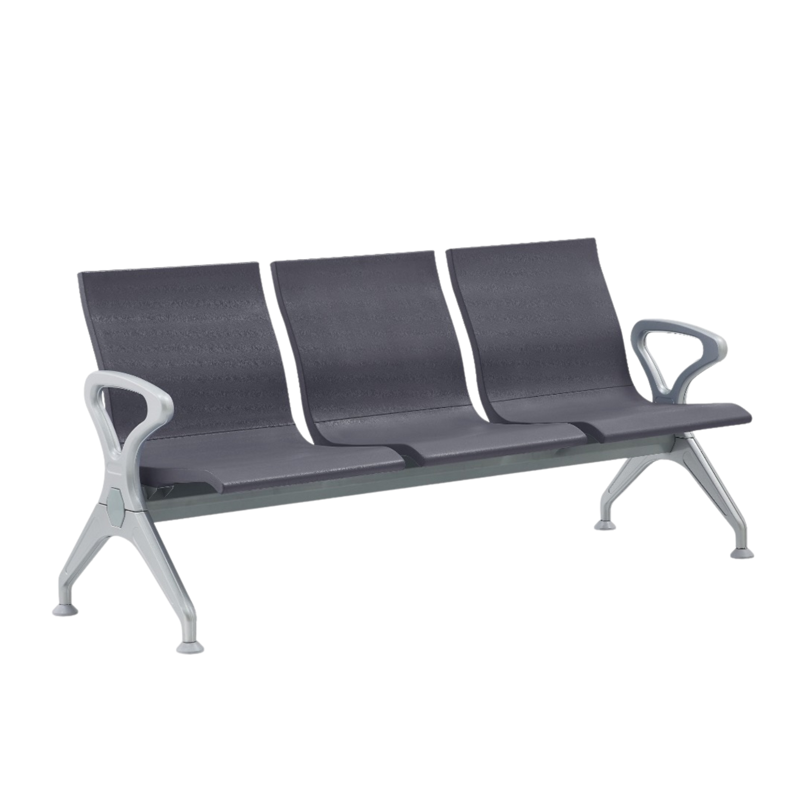 Banca Bench PU de 3 plazas OffiMobile, poliuretano gris con estructura metálica y brazos fijos.
