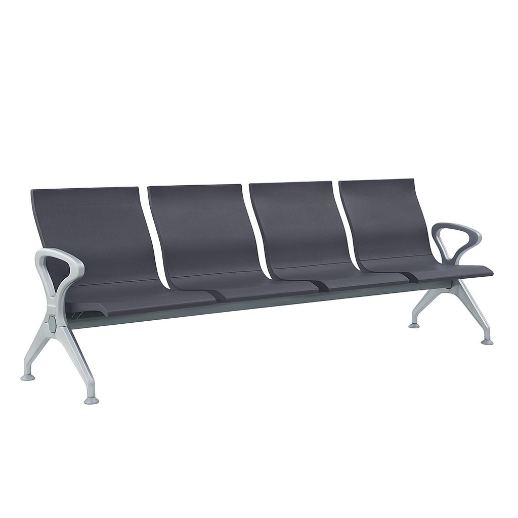 Banca Bench PU de 4 plazas OffiMobile, poliuretano gris con estructura metálica y brazos fijos.