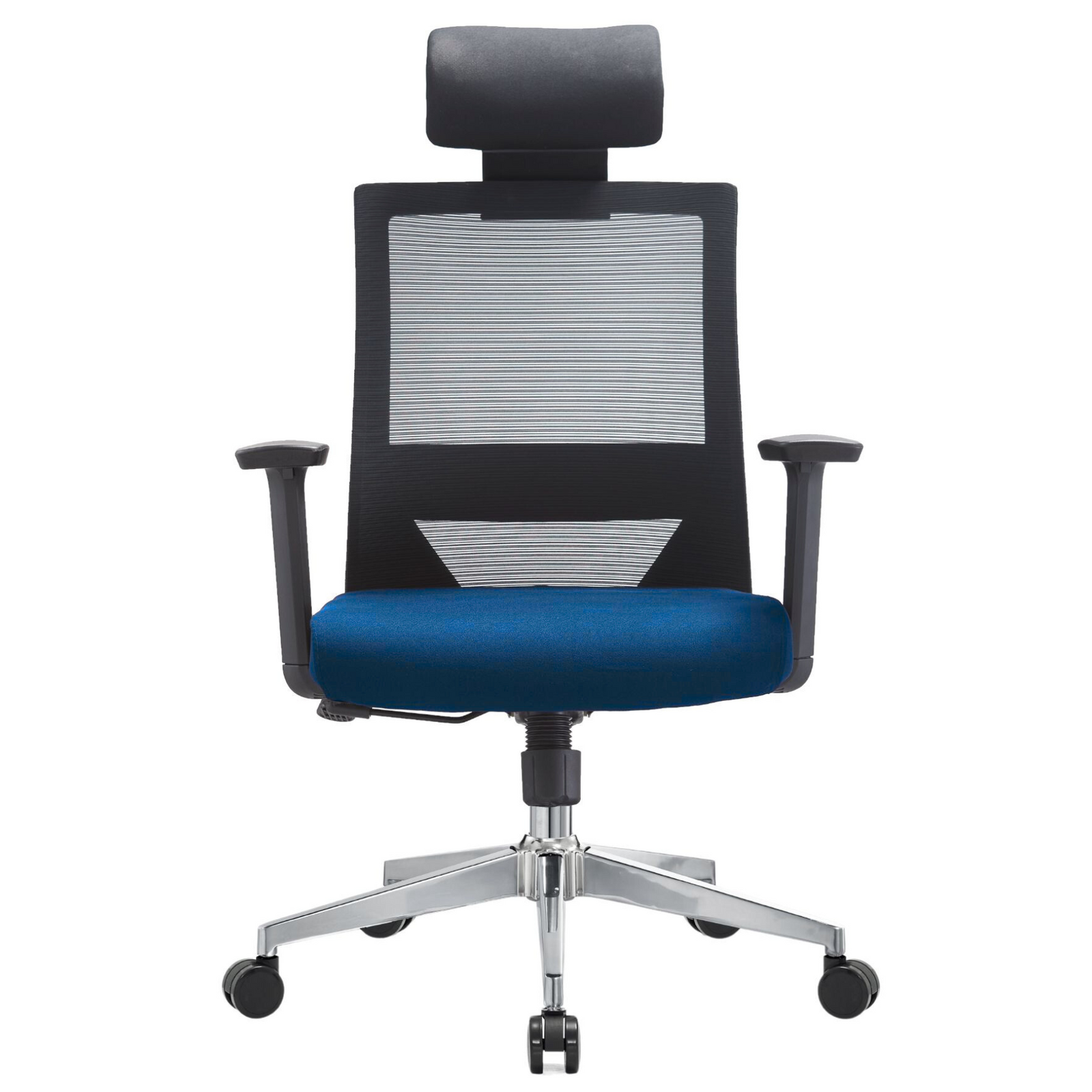 Silla Duna Alta OffiMobile, asiento azul, base cromada, vista frontal.