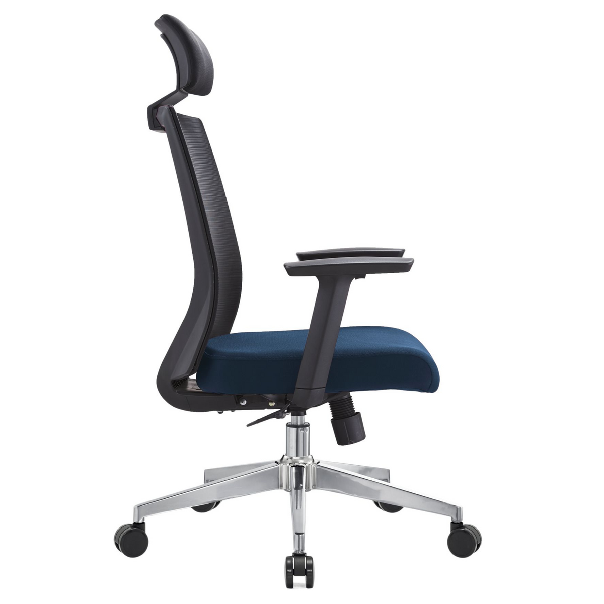 Silla Duna Alta OffiMobile, asiento azul, base cromada, vista lateral.