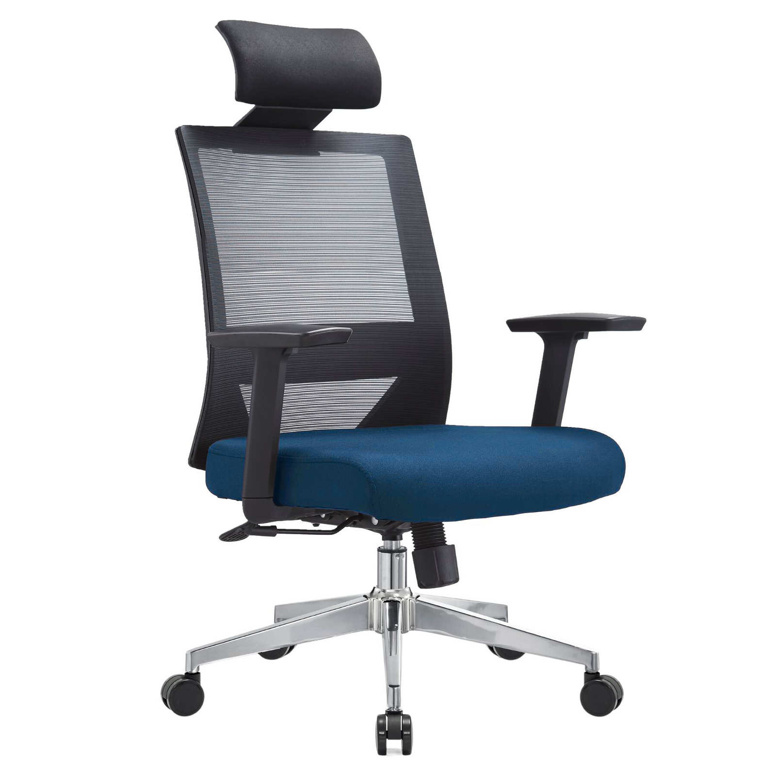 Silla Duna Alta OffiMobile, asiento azul, base cromada, vista perspectiva.