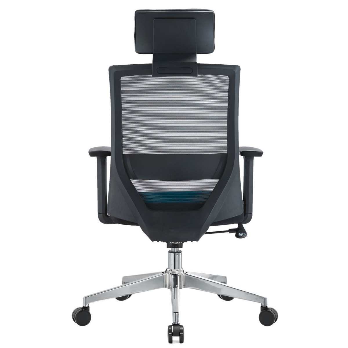 Silla Duna Alta OffiMobile, asiento azul, base cromada, vista posterior.