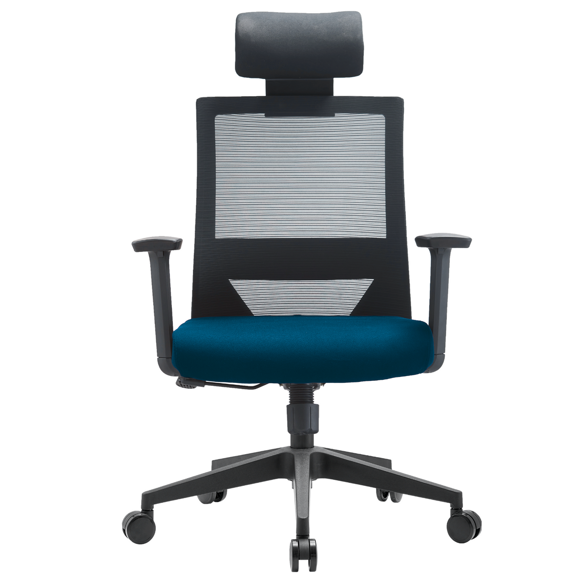 Silla Duna Alta OffiMobile, asiento azul, base negra, vista frontal.
