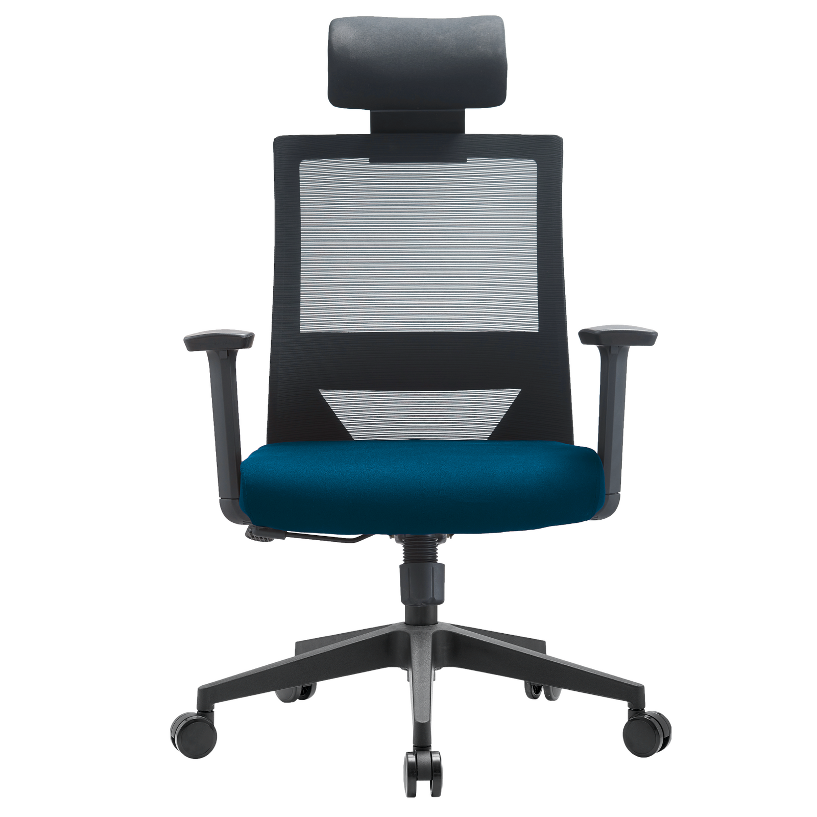 Silla Duna Alta OffiMobile, asiento azul, base negra, vista frontal.