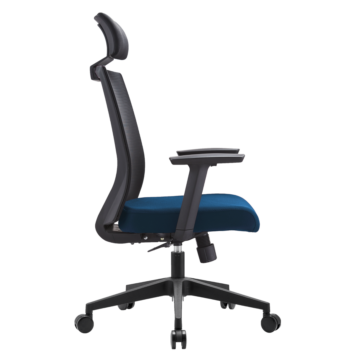Silla Duna Alta OffiMobile, asiento azul, base negra, vista lateral.