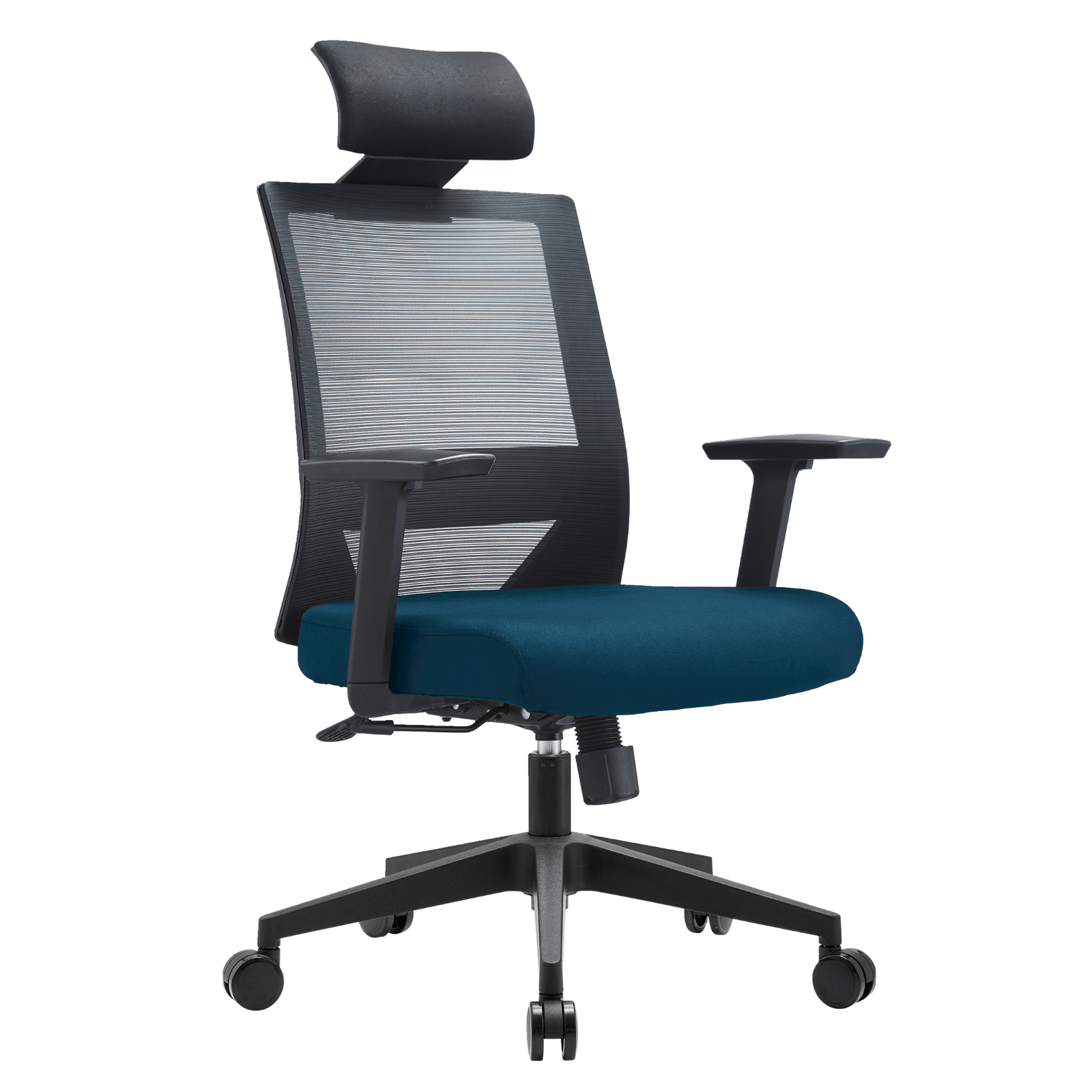 Silla Duna Alta OffiMobile, asiento azul, base negra, vista perspectiva.