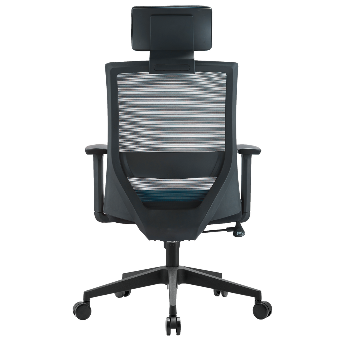 Silla Duna Alta OffiMobile, asiento azul, base negra, vista posterior.