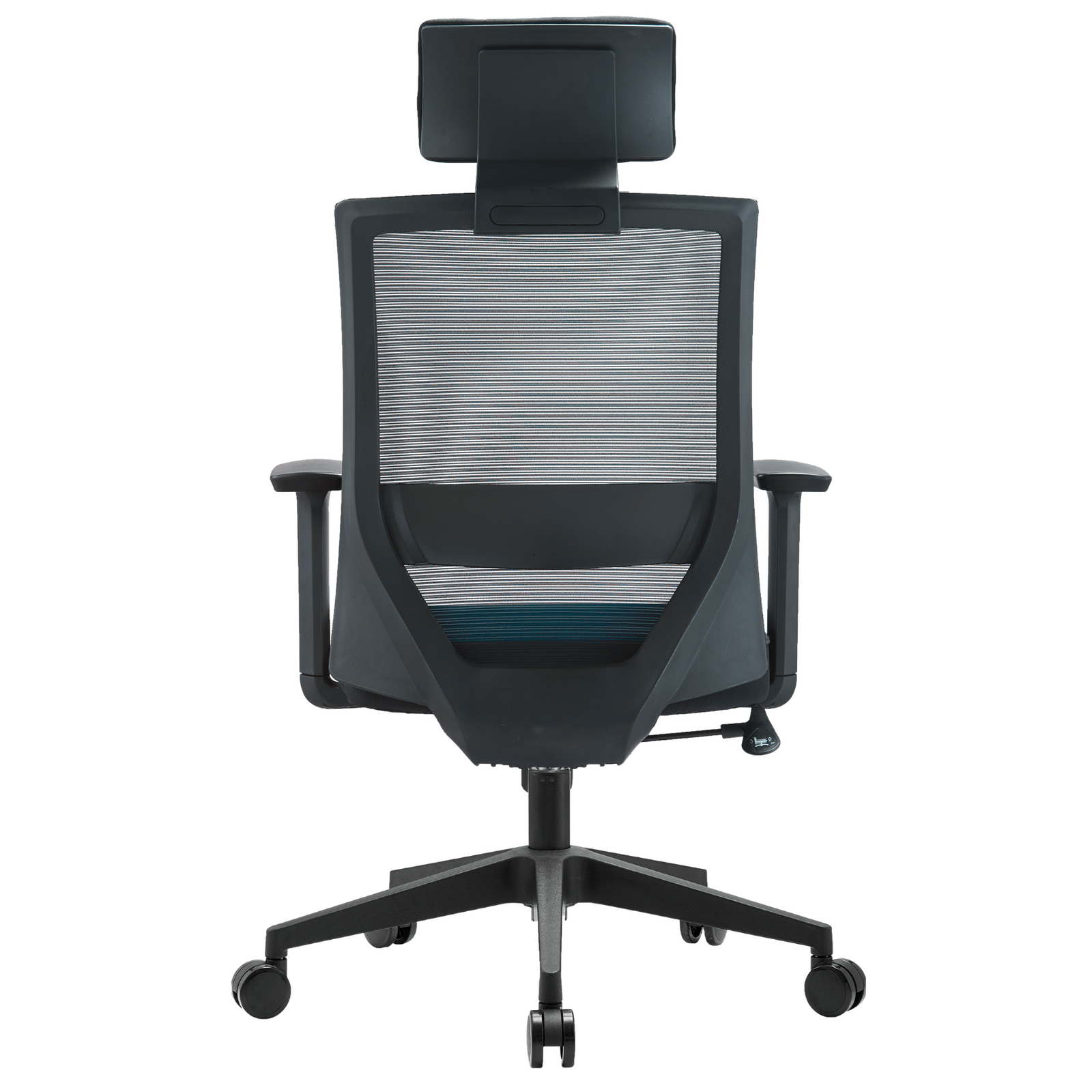 Silla Duna Alta OffiMobile, asiento azul, base negra, vista posterior.
