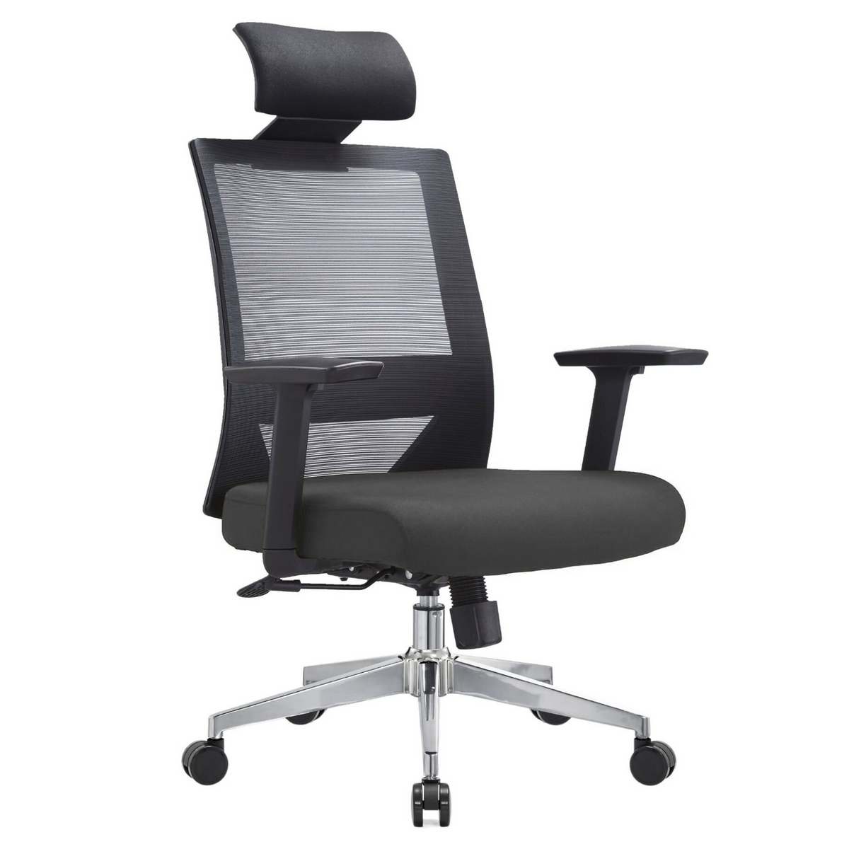 Silla Duna Alta OffiMobile, asiento gris, base cromada, vista perspectiva.