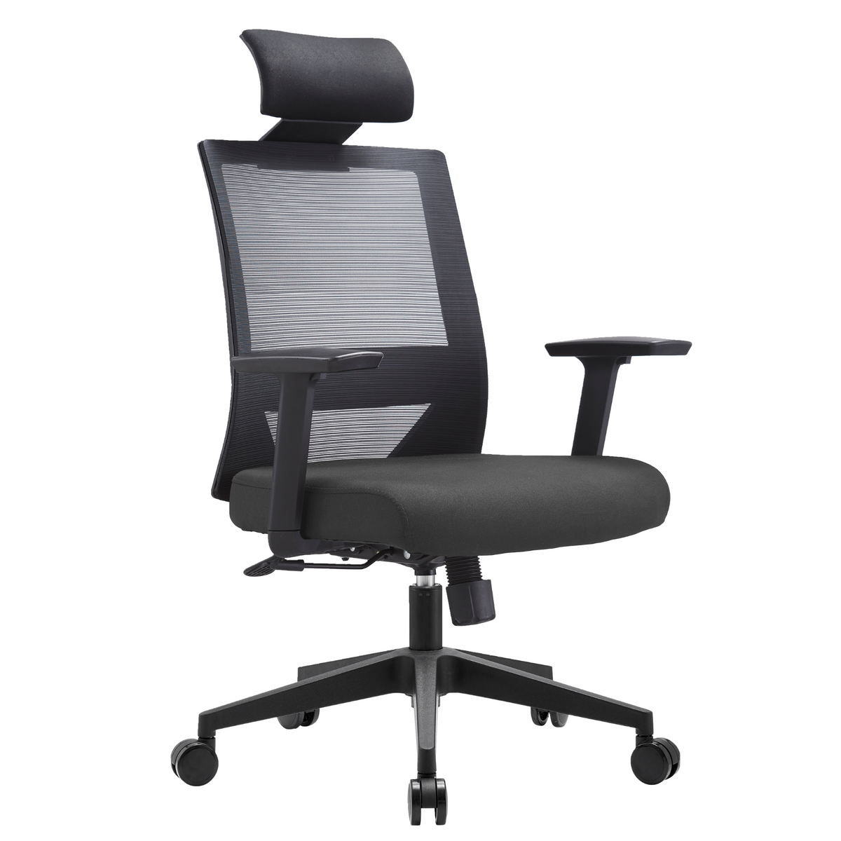 Silla Duna Alta OffiMobile, asiento gris, base negra, vista perspectiva.