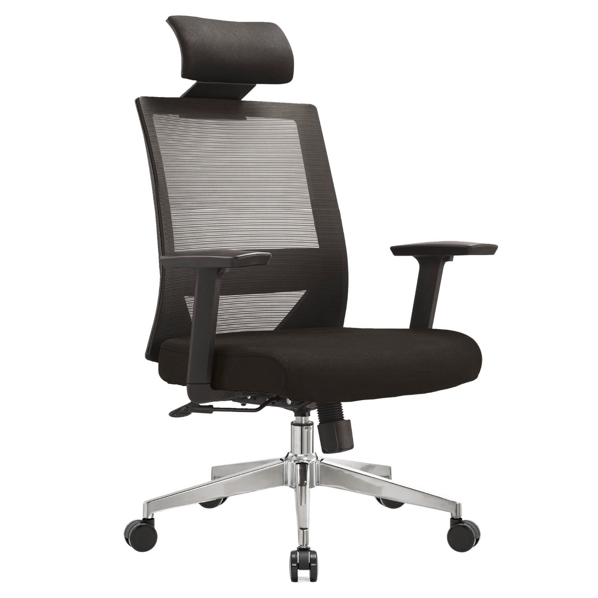 Silla Duna Alta OffiMobile, asiento negro, base cromada, vista perspectiva.