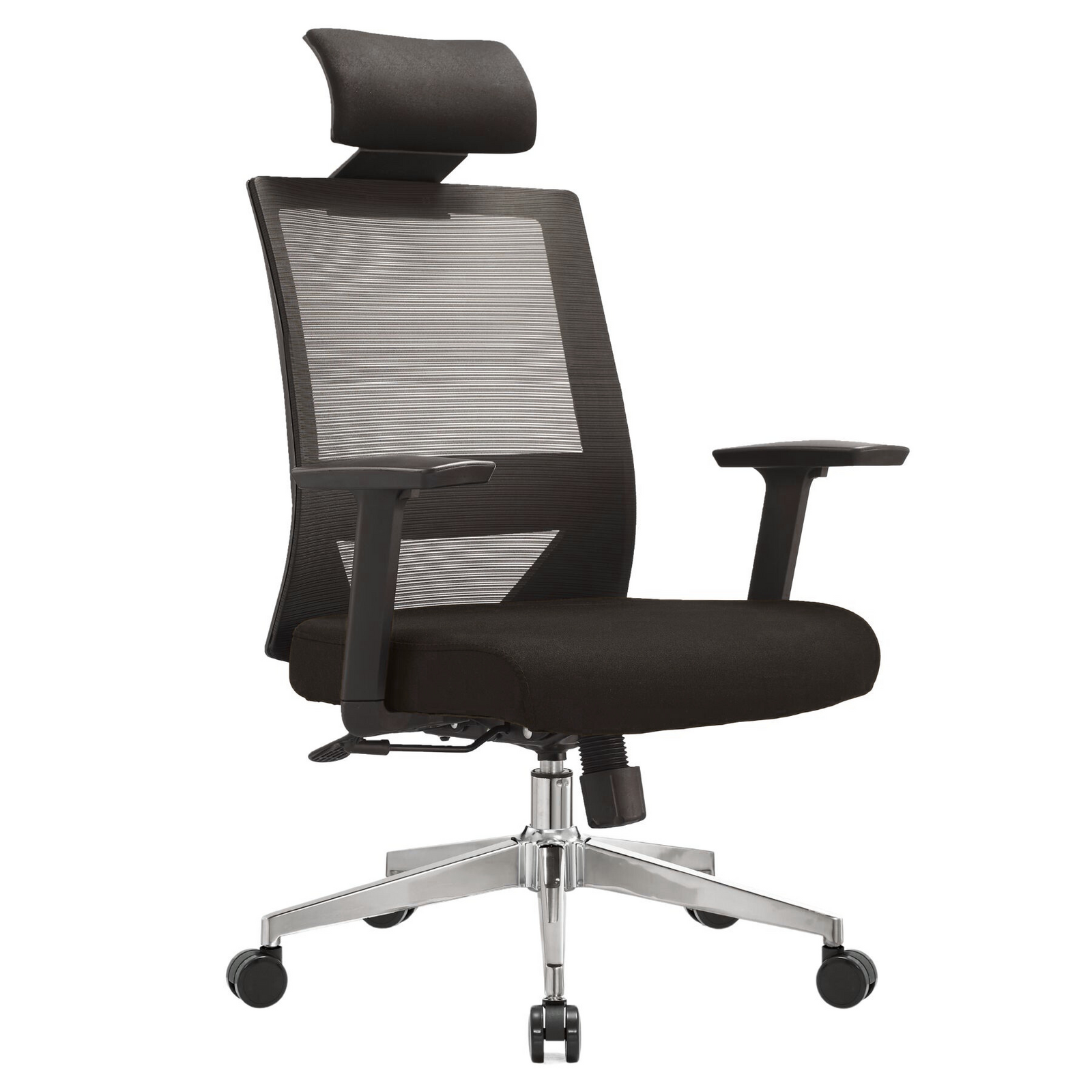 Silla Duna Alta OffiMobile, asiento negro, base cromada, vista perspectiva.