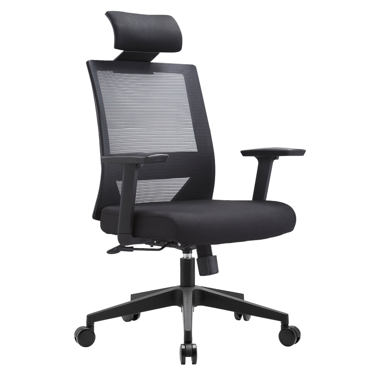 Silla Duna Alta OffiMobile, asiento negro, base negra, vista perspectiva.