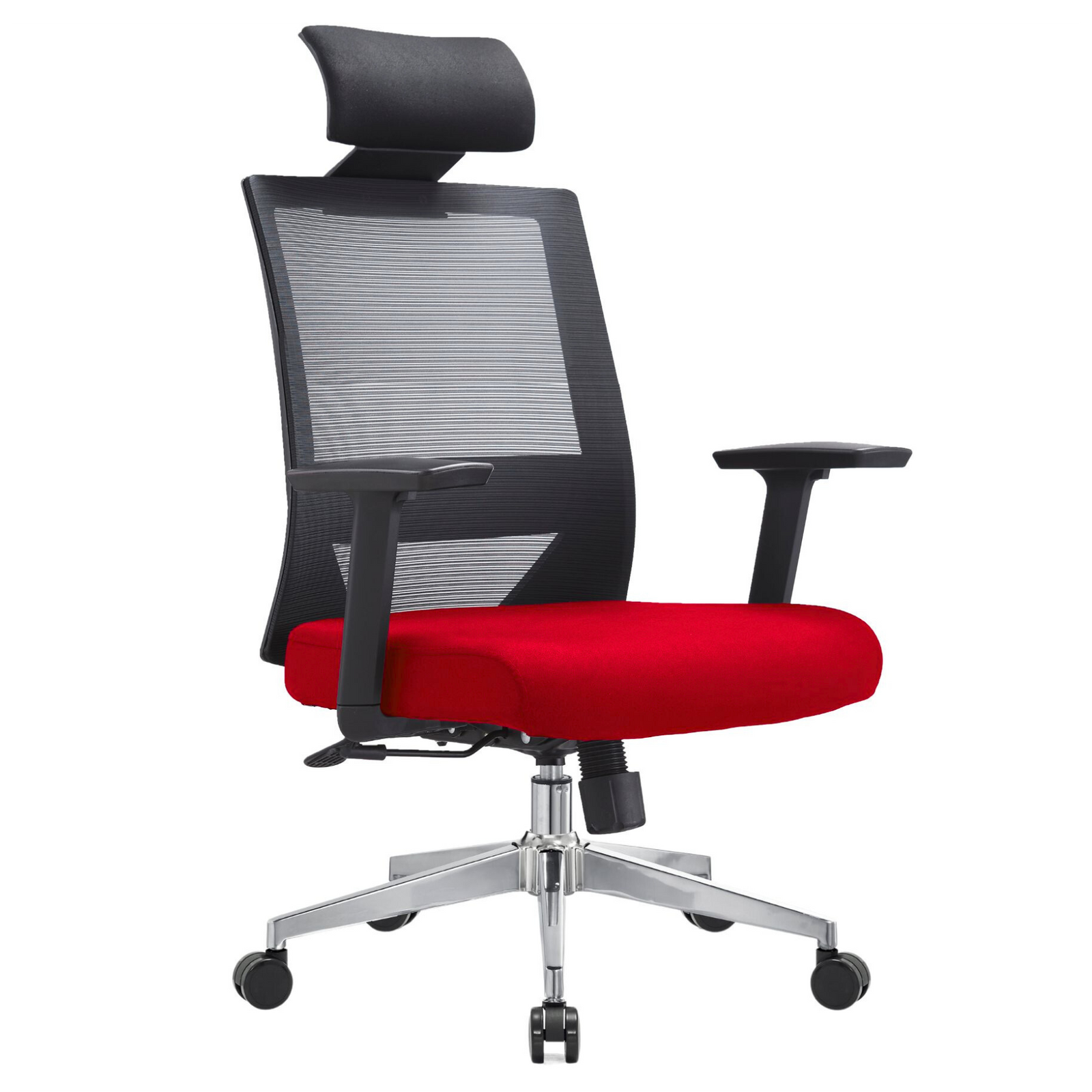 Silla Duna Alta OffiMobile, asiento rojo, base cromada, vista perspectiva.