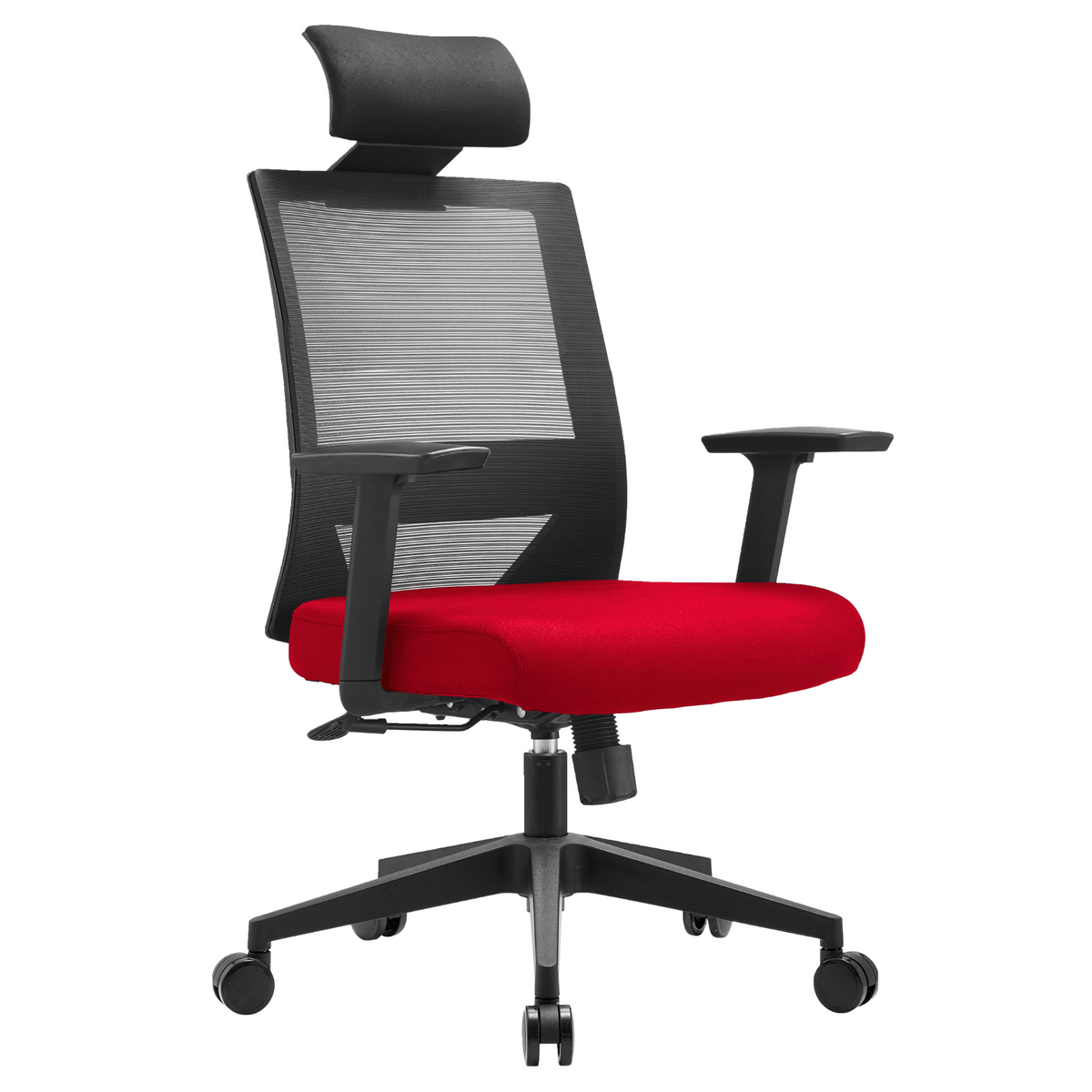 Silla Duna Alta OffiMobile, asiento rojo, base negra, vista perspectiva.
