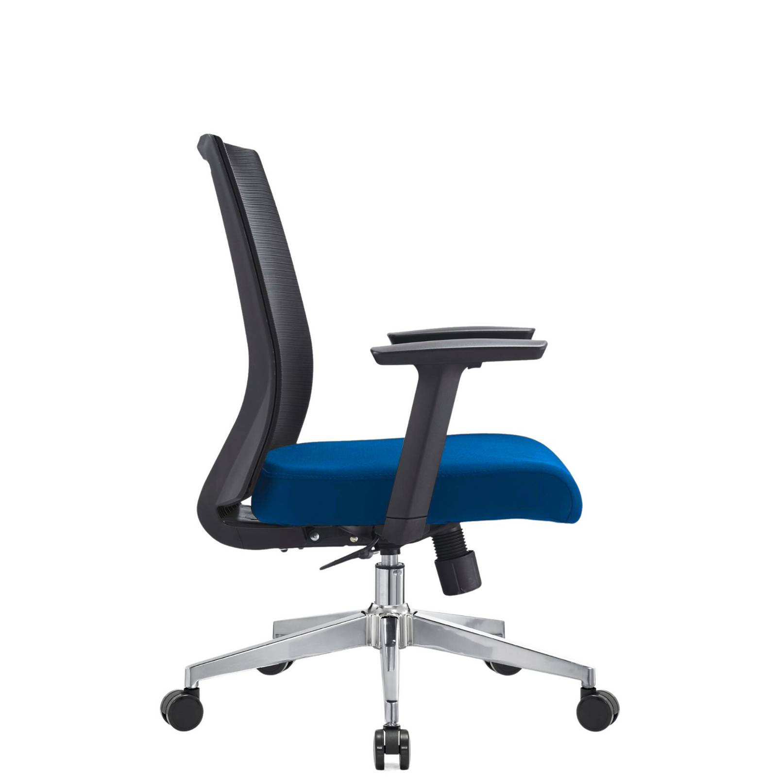 Silla Duna Baja OffiMobile, asiento azul, base cromada, vista lateral.
