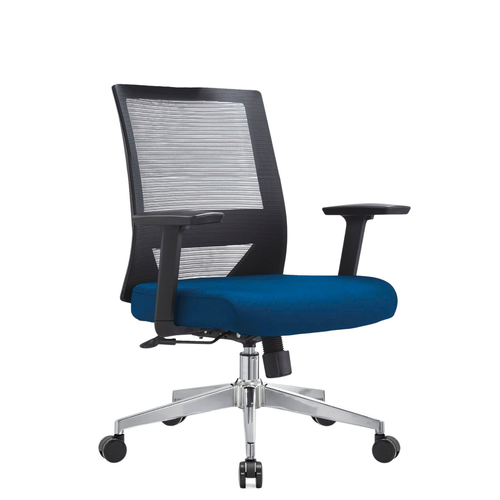 Silla Duna Baja OffiMobile, asiento azul, base cromada, vista perspectiva.