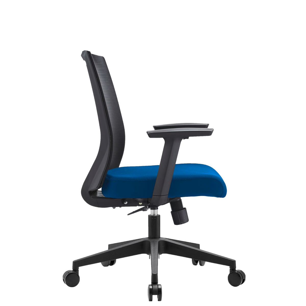 Silla Duna Baja OffiMobile, asiento azul, base negra, vista lateral.