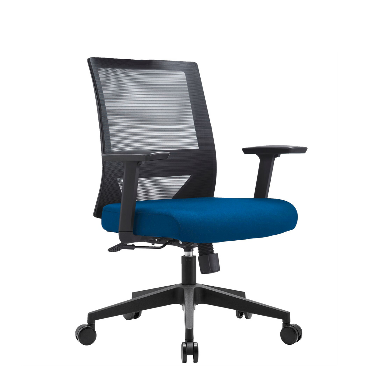 Silla Duna Baja OffiMobile, asiento azul, base negra, vista perspectiva.