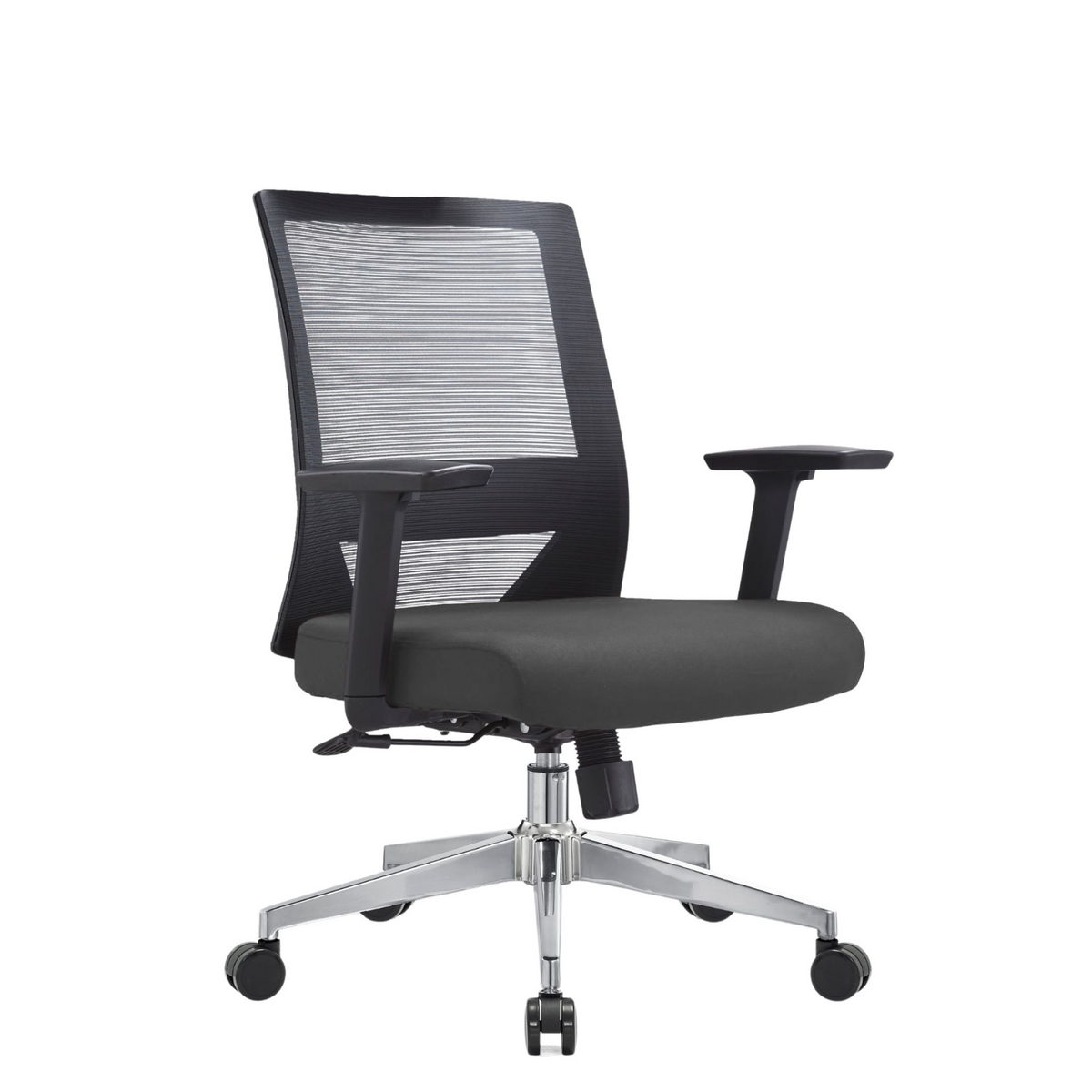 Silla Duna Baja OffiMobile, asiento gris, base cromada, vista perspectiva.