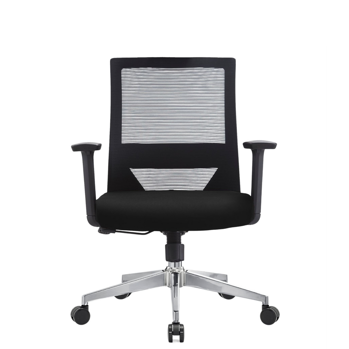 Silla Duna Baja OffiMobile, asiento negro, base cromada, vista frontal.