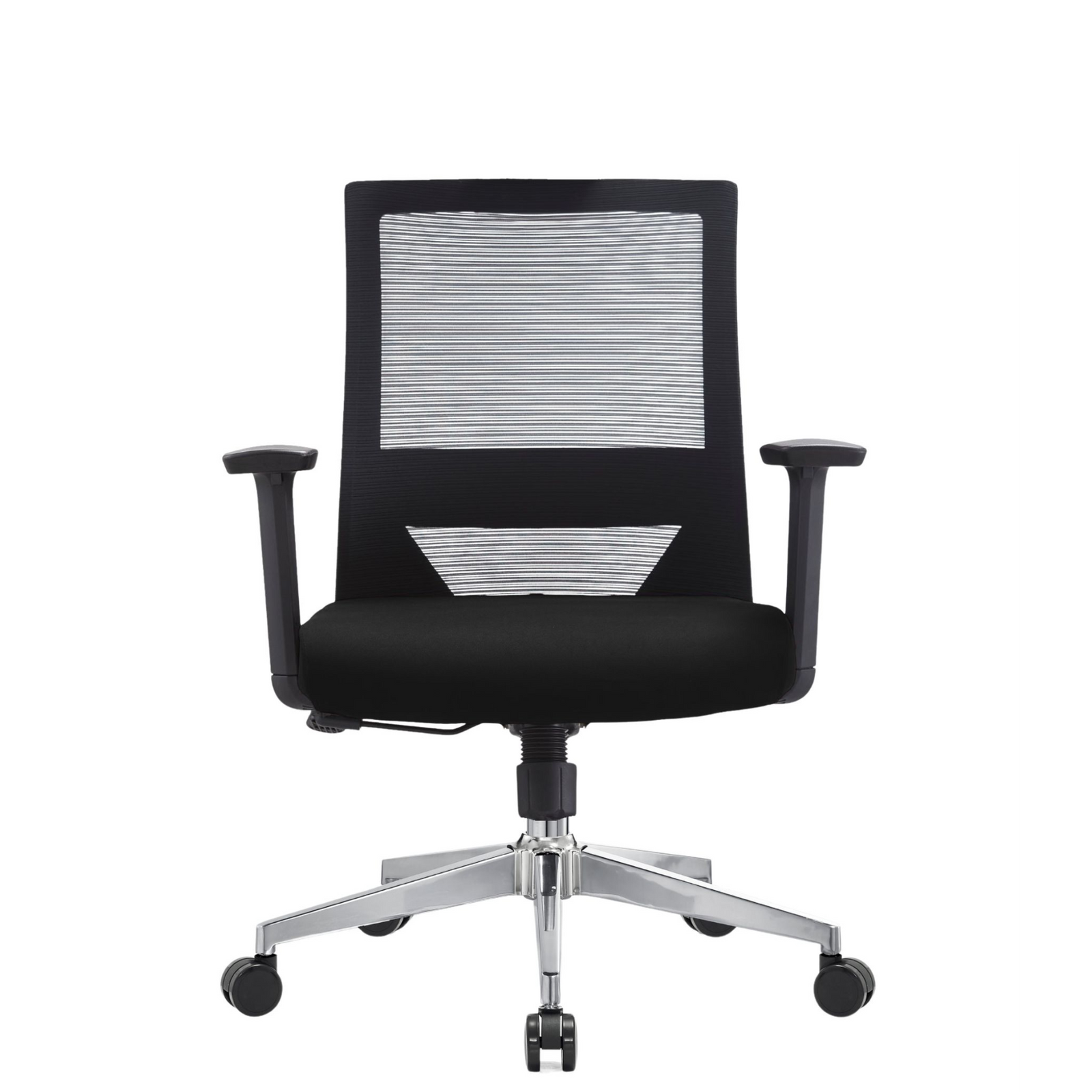 Silla Duna Baja OffiMobile, asiento negro, base cromada, vista frontal.
