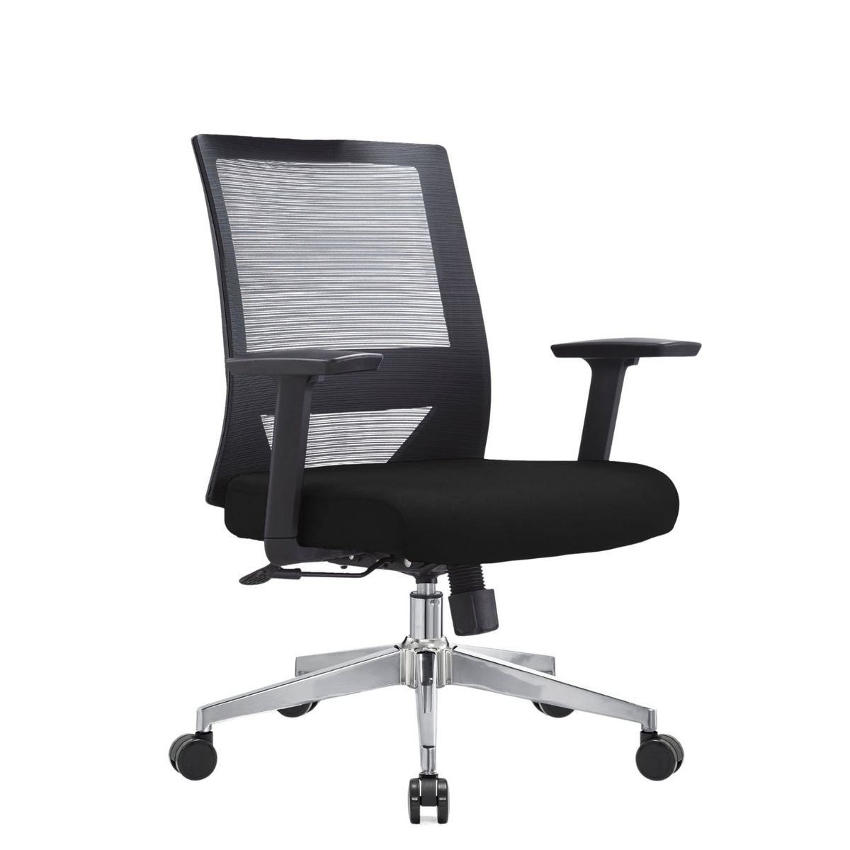 Silla Duna Baja OffiMobile, asiento negro, base cromada, vista perspectiva.