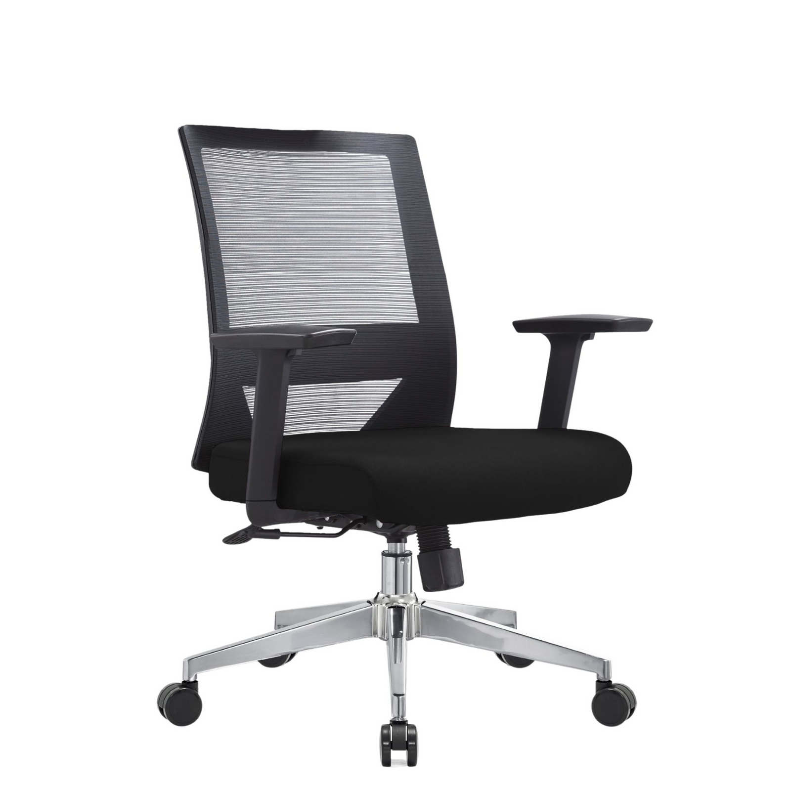 Silla Duna Baja OffiMobile, asiento negro, base cromada, vista perspectiva.
