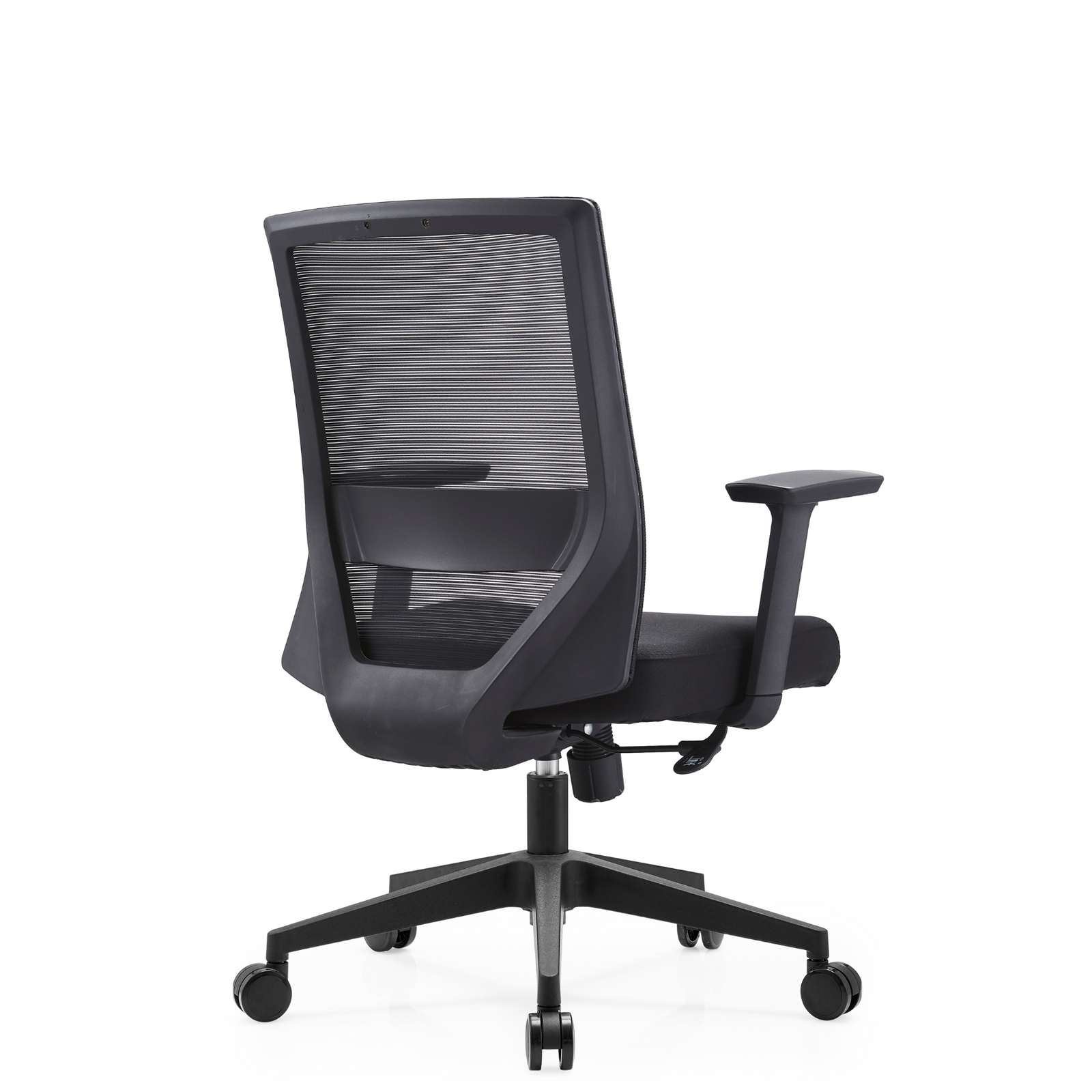 Silla Duna Baja OffiMobile, asiento negro, base negra, vista posterior-perspectiva.