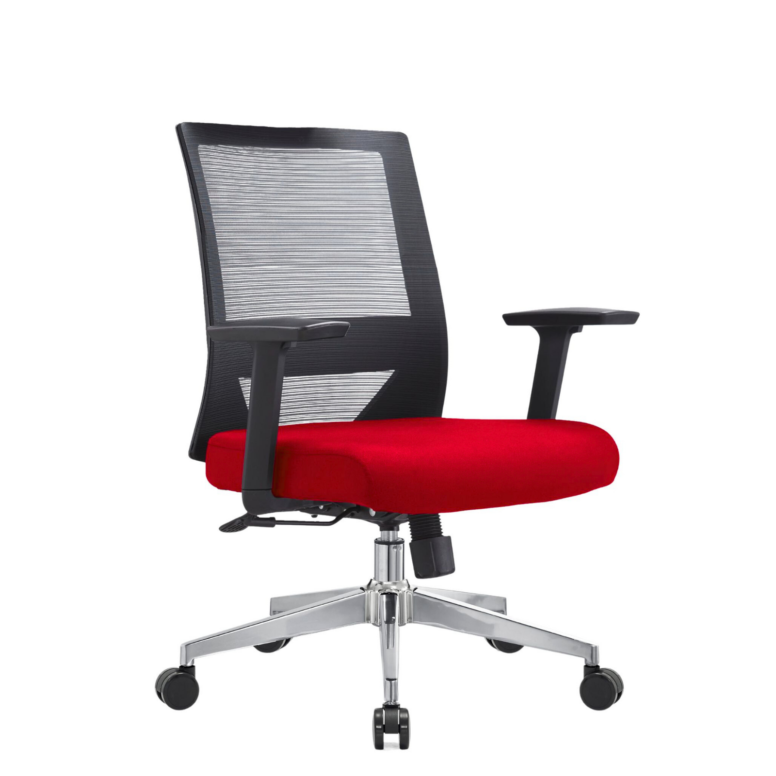 Silla Duna Baja OffiMobile, asiento rojo, base cromada, vista perspectiva.