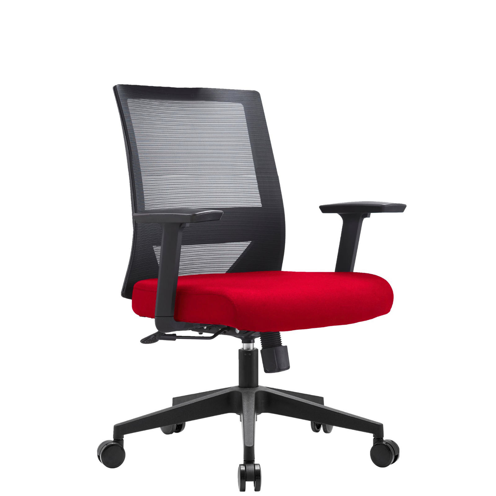Silla Duna Baja OffiMobile, asiento rojo, base negra, vista perspectiva.