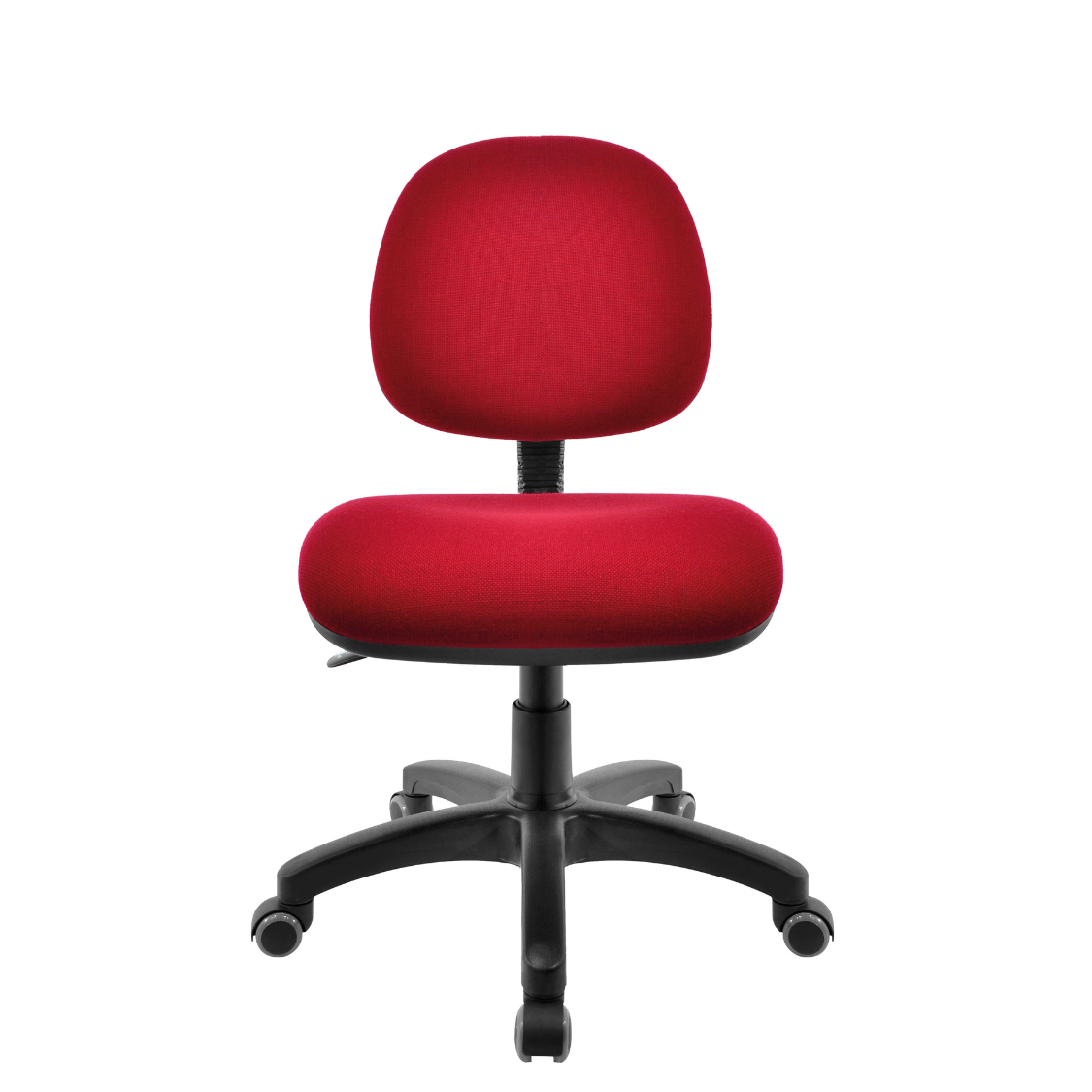 Silla Operativa Ergo OffiMobile, base nylon negro con rodajas, tapiz rojo ilustrativo sobre pedido, vista frontal.