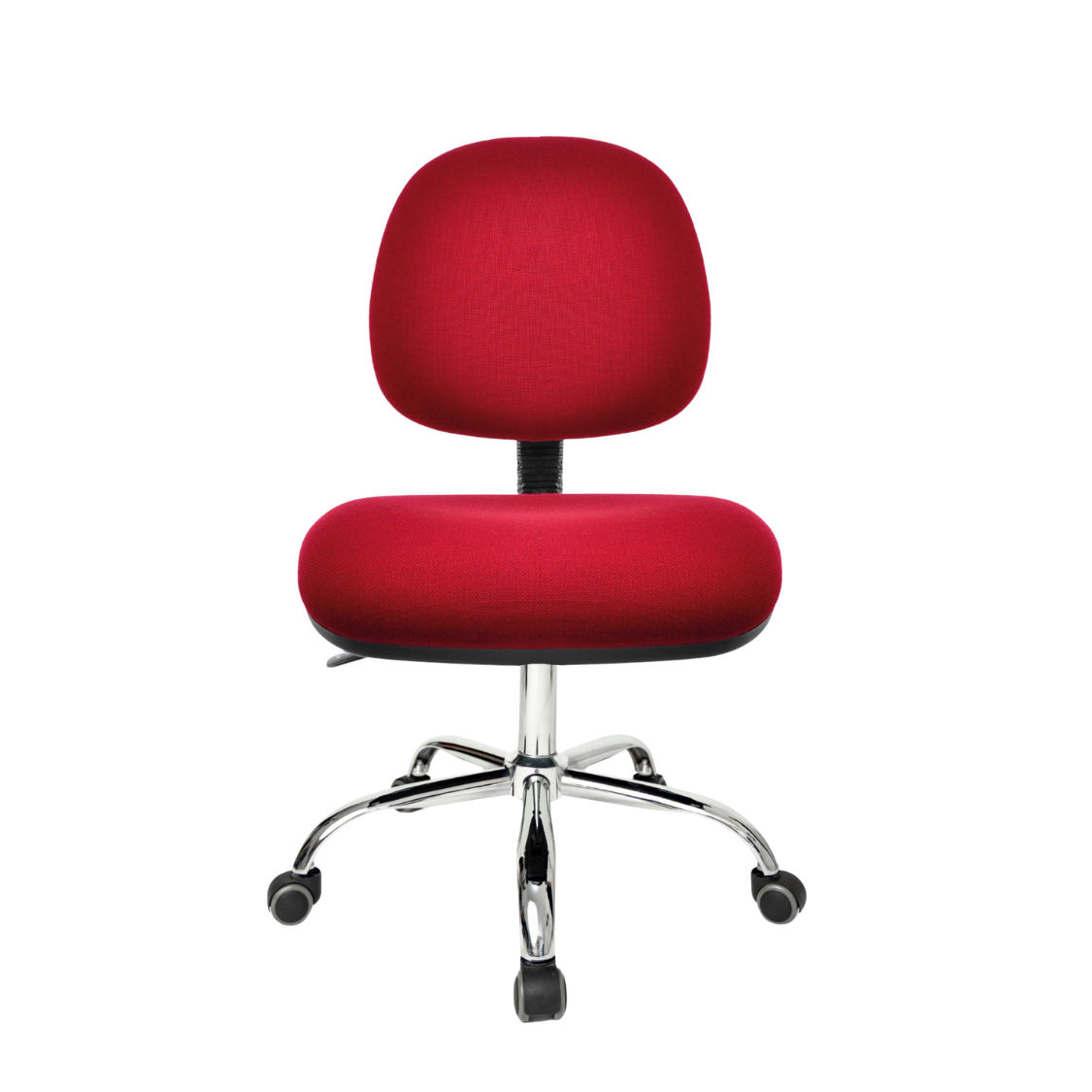 Silla Operativa Ergo OffiMobile, base metálica cromada con rodajas, tapiz rojo ilustrativo sobre pedido, vista frontal.
