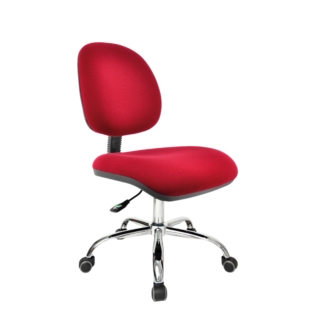 Silla Operativa Ergo OffiMobile, base metálica cromada con rodajas, tapiz rojo ilustrativo sobre pedido, vista en perspectiva.
