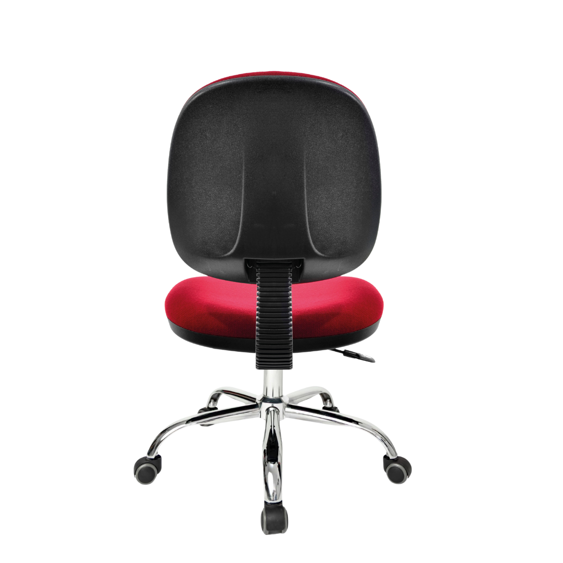 Silla Operativa Ergo OffiMobile, base metálica cromada con rodajas, tapiz rojo ilustrativo sobre pedido, vista posterior.