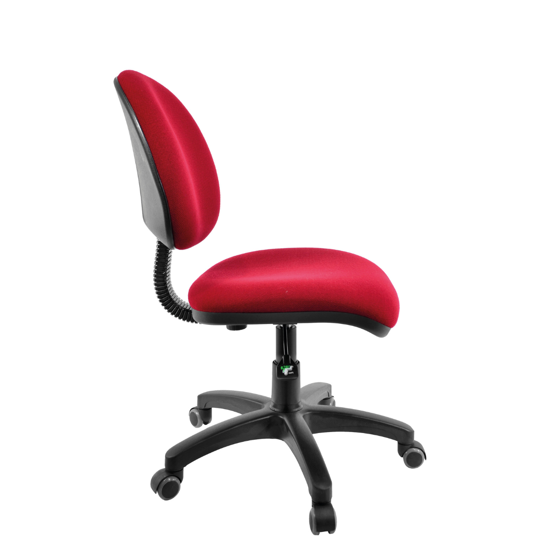 Silla Operativa Ergo OffiMobile, base nylon negro con rodajas, tapiz rojo ilustrativo sobre pedido, vista lateral.