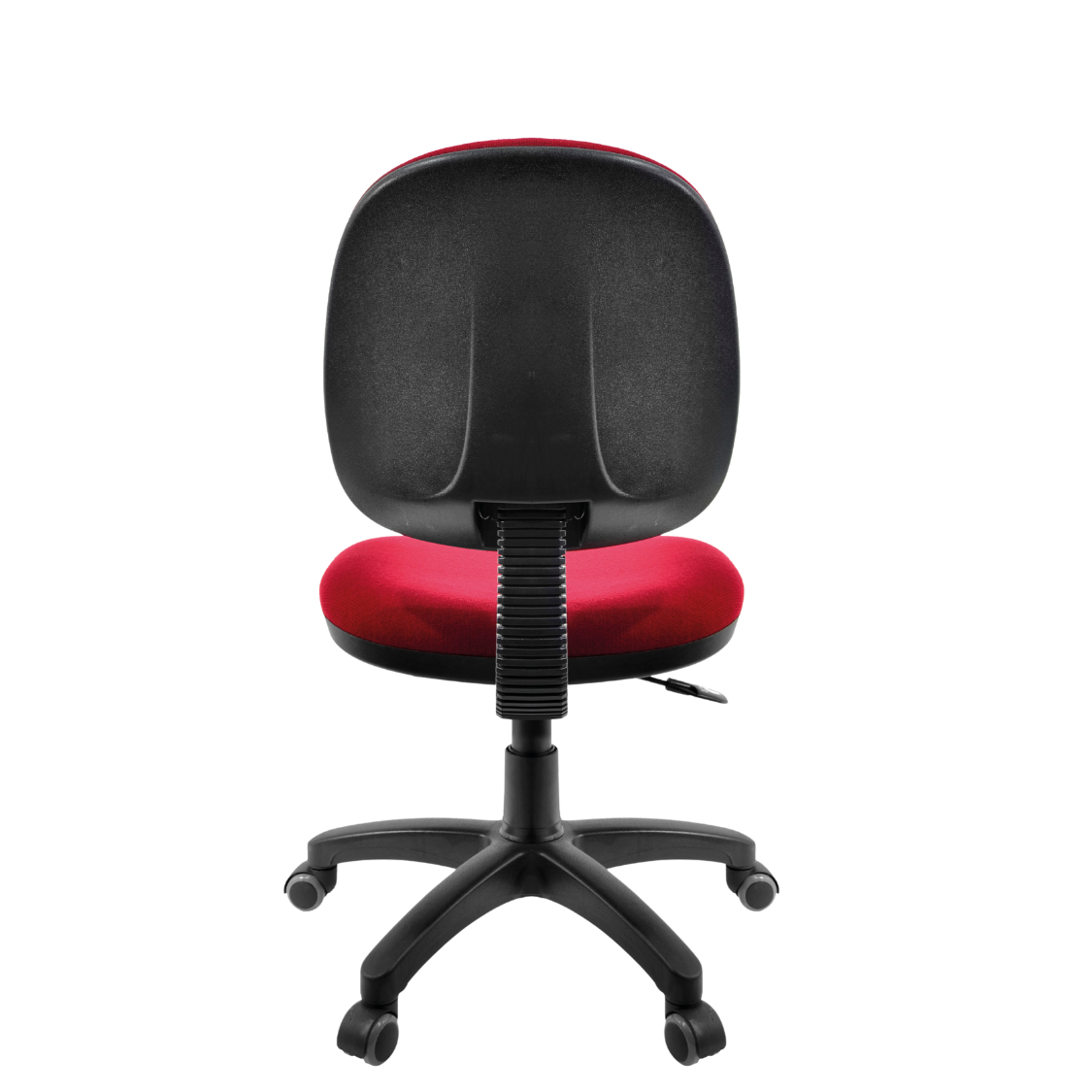 Silla Operativa Ergo OffiMobile, base nylon negro con rodajas, tapiz rojo ilustrativo sobre pedido, vista posterior.