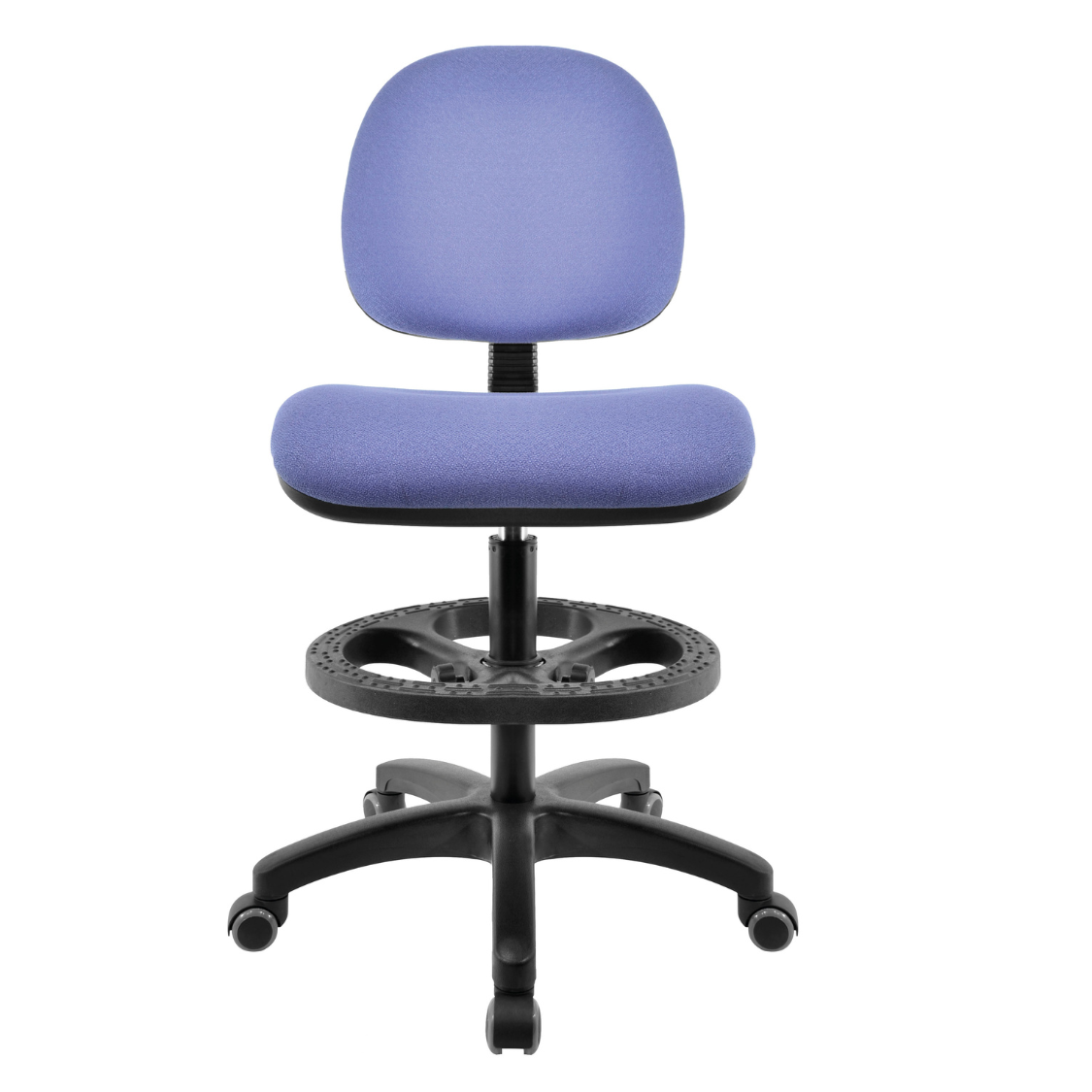 Silla Cajera Ergo N OffiMobile, aro y base negros con rodajas, tapiz azul ilustrativo sobre pedido, vista frontal.