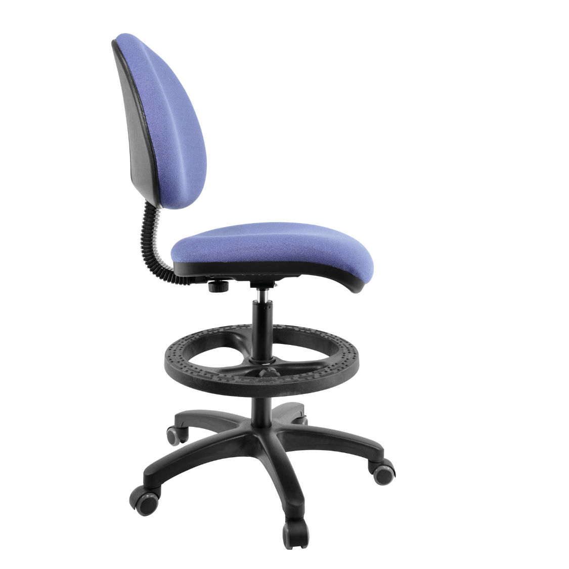 Silla Cajera Ergo N OffiMobile, aro y base negros con rodajas, tapiz azul ilustrativo sobre pedido, vista lateral.