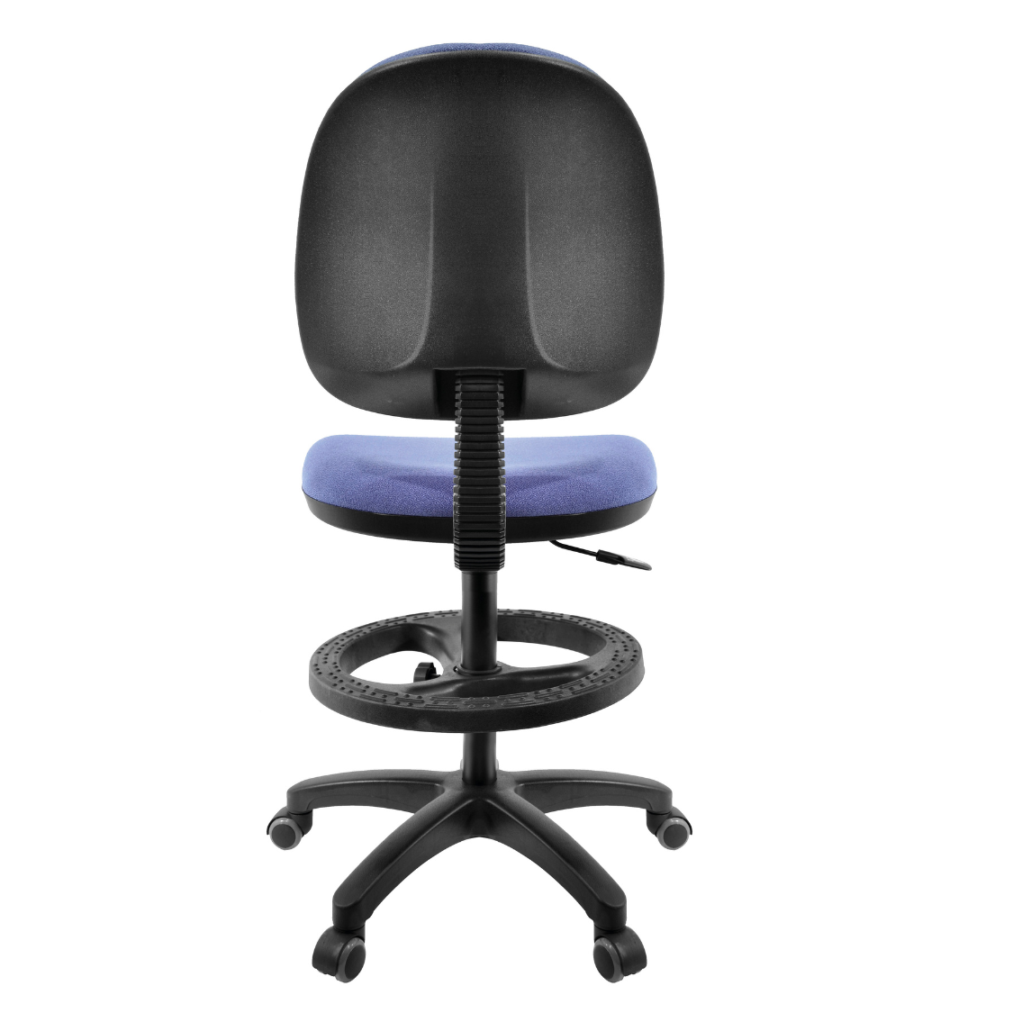 Silla Cajera Ergo N OffiMobile, aro y base negros con rodajas, tapiz azul ilustrativo sobre pedido, vista posterior.