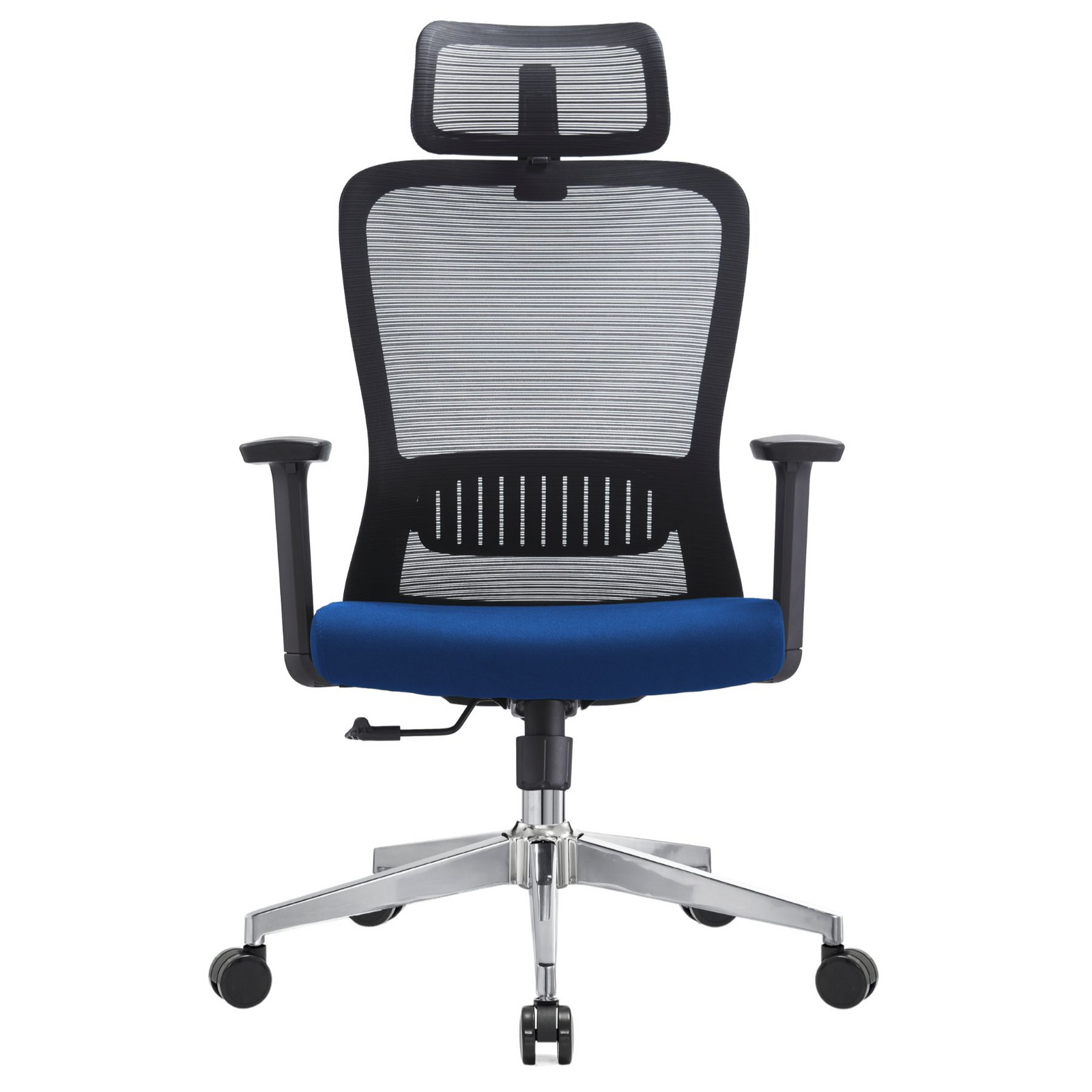 Silla Fent Alta OffiMobile — asiento azul, base cromada, vista frontal.