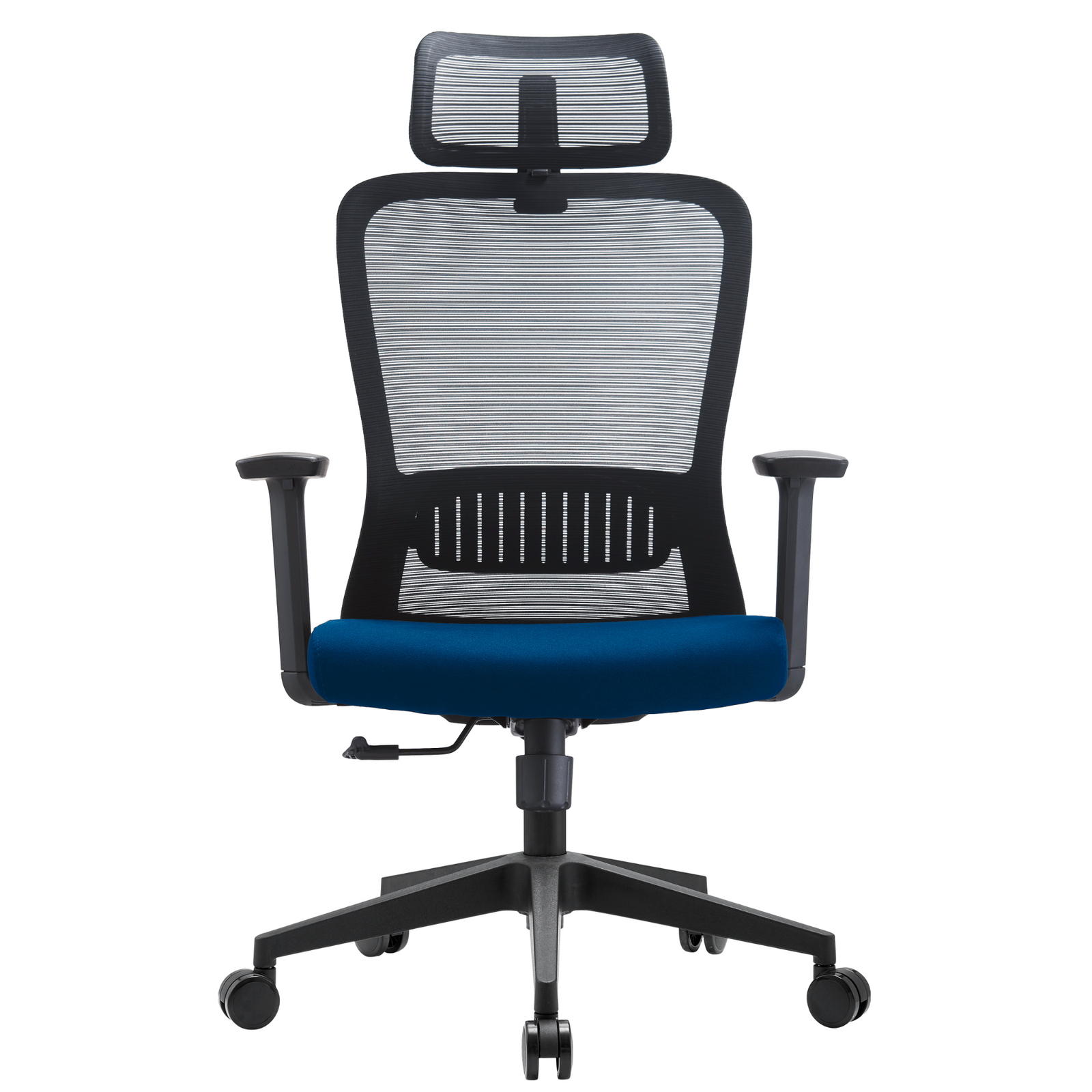 Silla Fent Alta OffiMobile — asiento azul, base negra, vista frontal.
