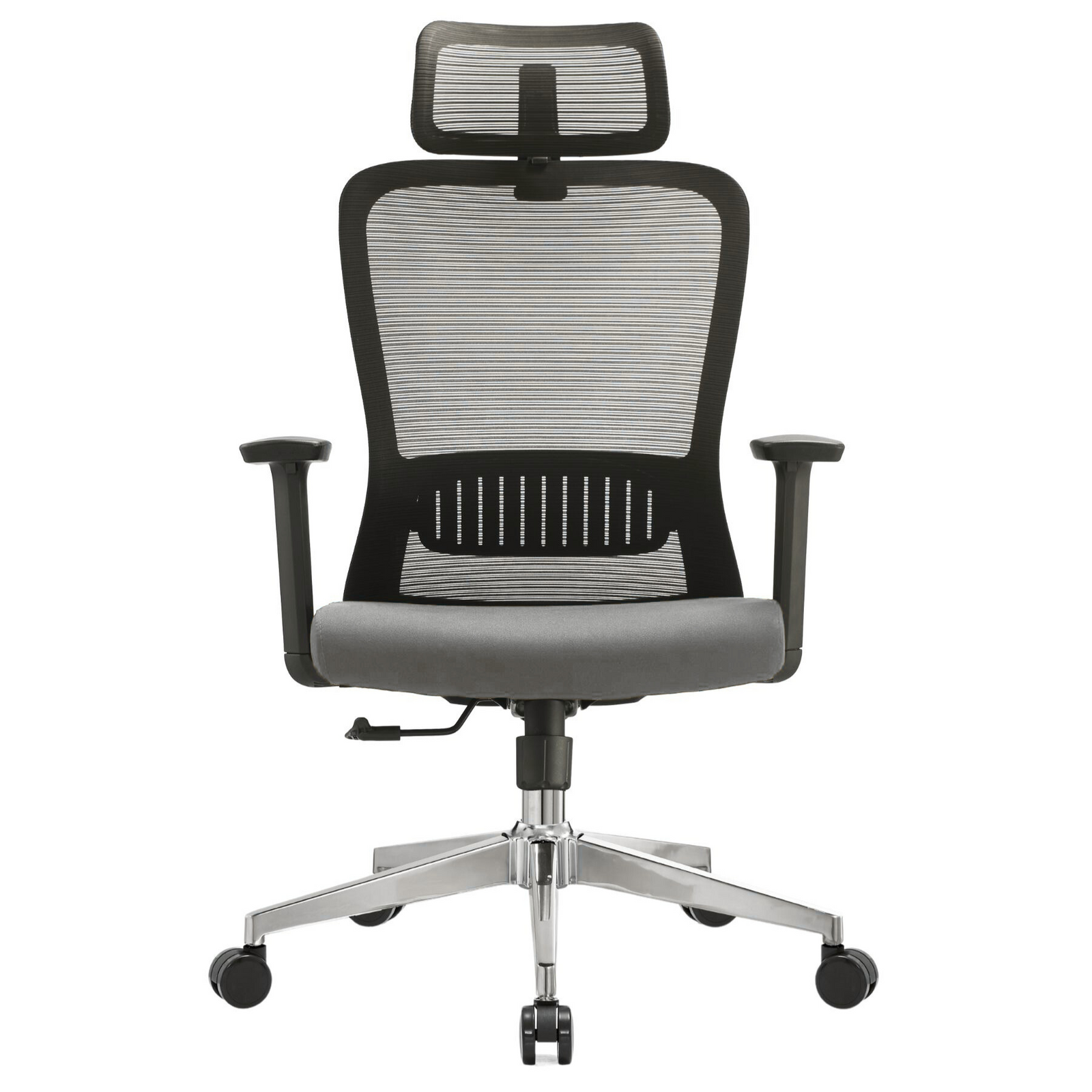 Silla Fent Alta OffiMobile — asiento gris, base cromada, vista frontal.